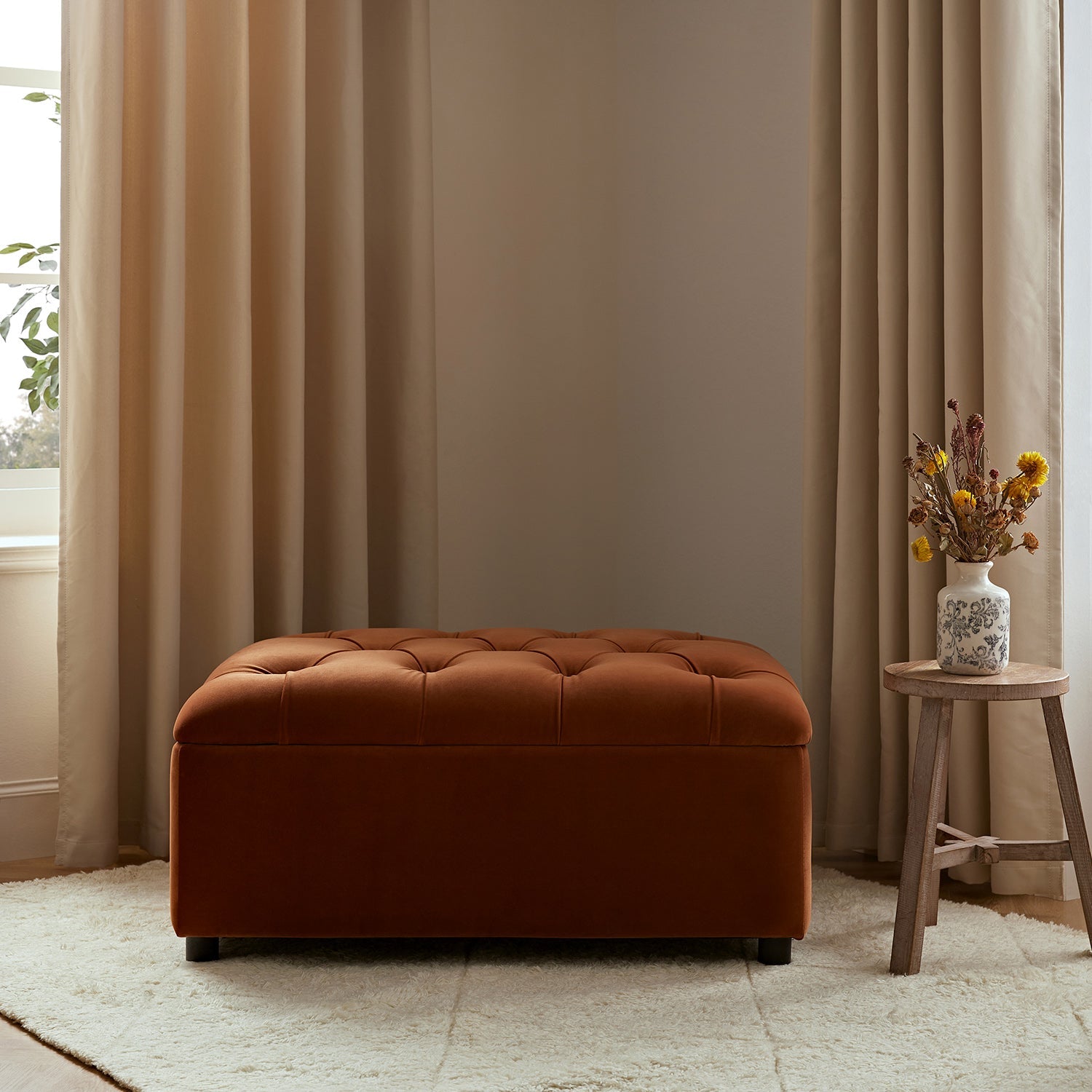 Portland Single Buttoned Fold-Out Bed in Ottoman, Rust Velvet