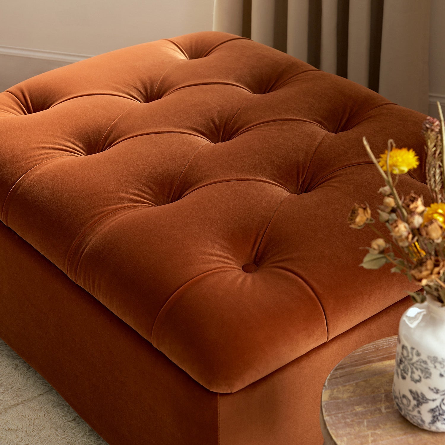 Portland Single Buttoned Fold-Out Bed in Ottoman, Rust Velvet