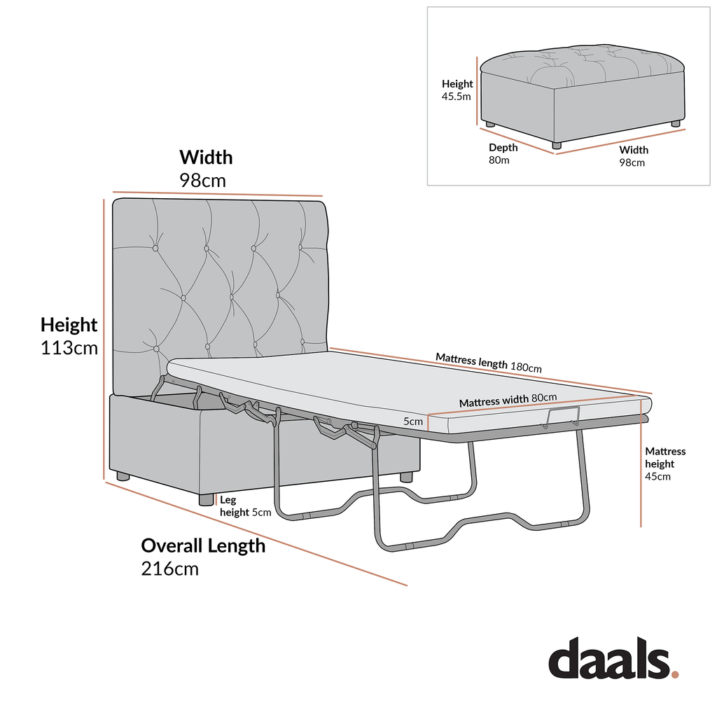 Portland Single Buttoned Fold-Out Bed in Ottoman, Rust Velvet