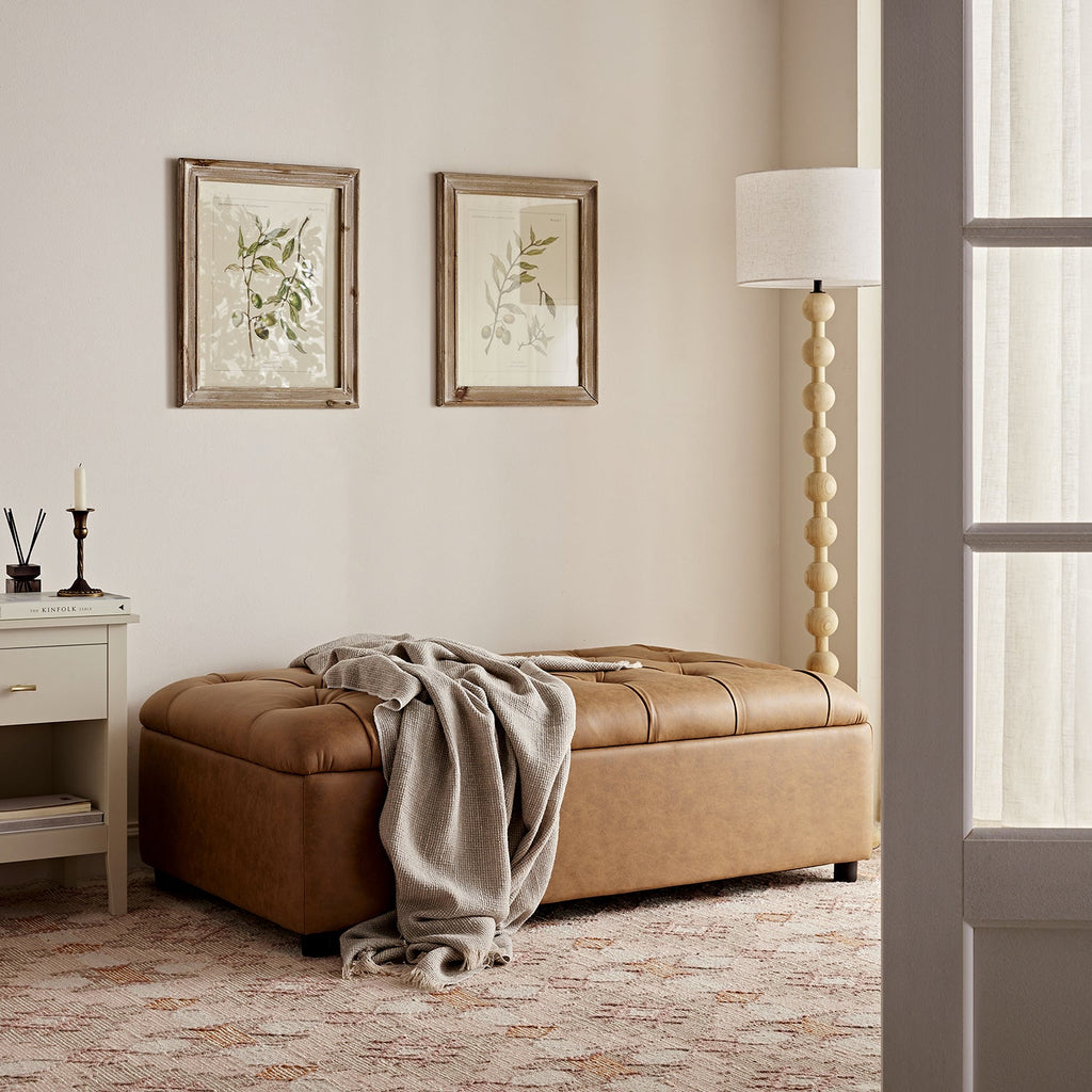 Portland Small Double Buttoned Fold-Out Bed in Ottoman, Tan Faux Suede