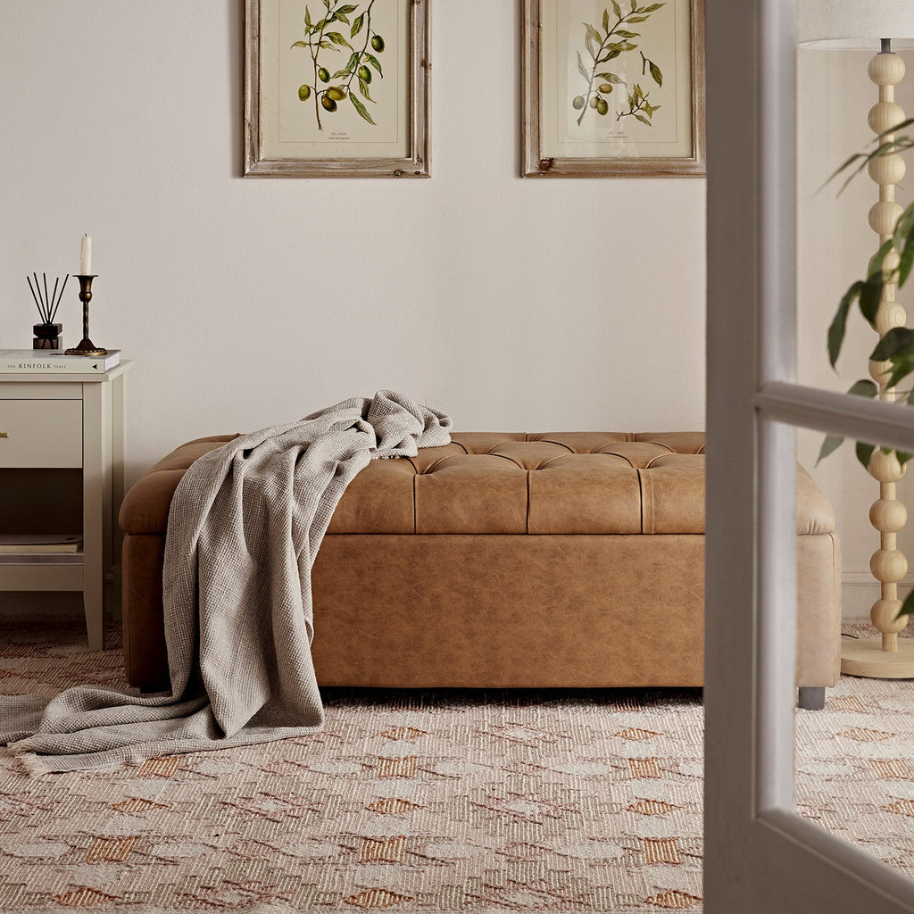 Portland Small Double Buttoned Fold-Out Bed in Ottoman, Tan Faux Suede