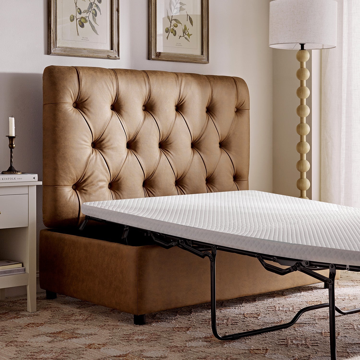 Portland Small Double Buttoned Fold-Out Bed in Ottoman, Tan Faux Suede