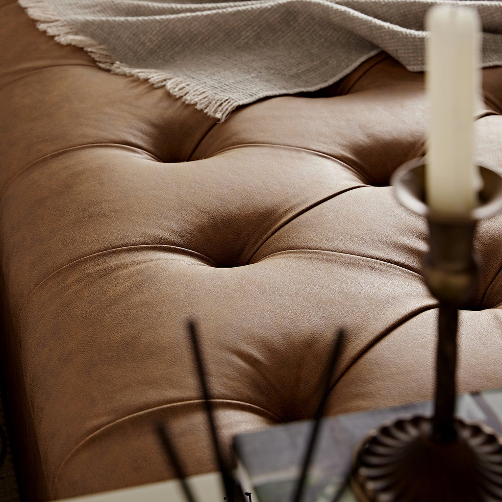 Portland Small Double Buttoned Fold-Out Bed in Ottoman, Tan Faux Suede