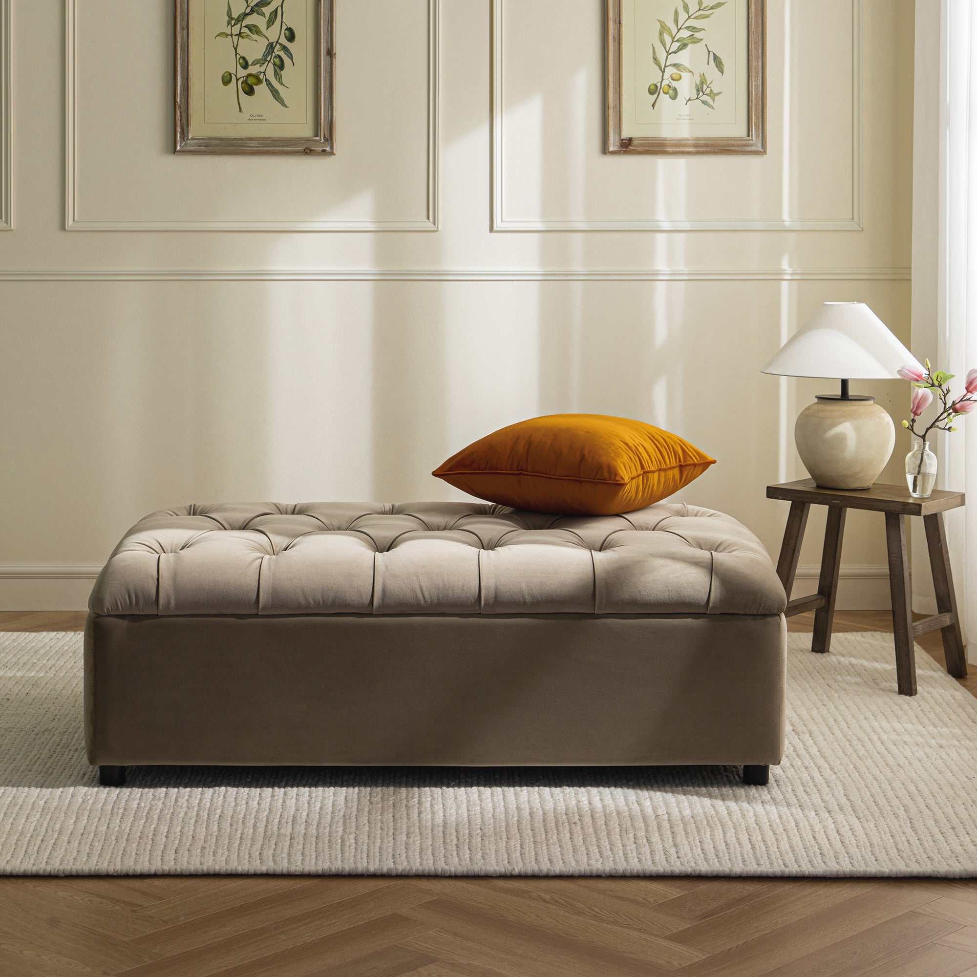 Portland Small Double Buttoned Fold-Out Bed in Ottoman, Mink Velvet