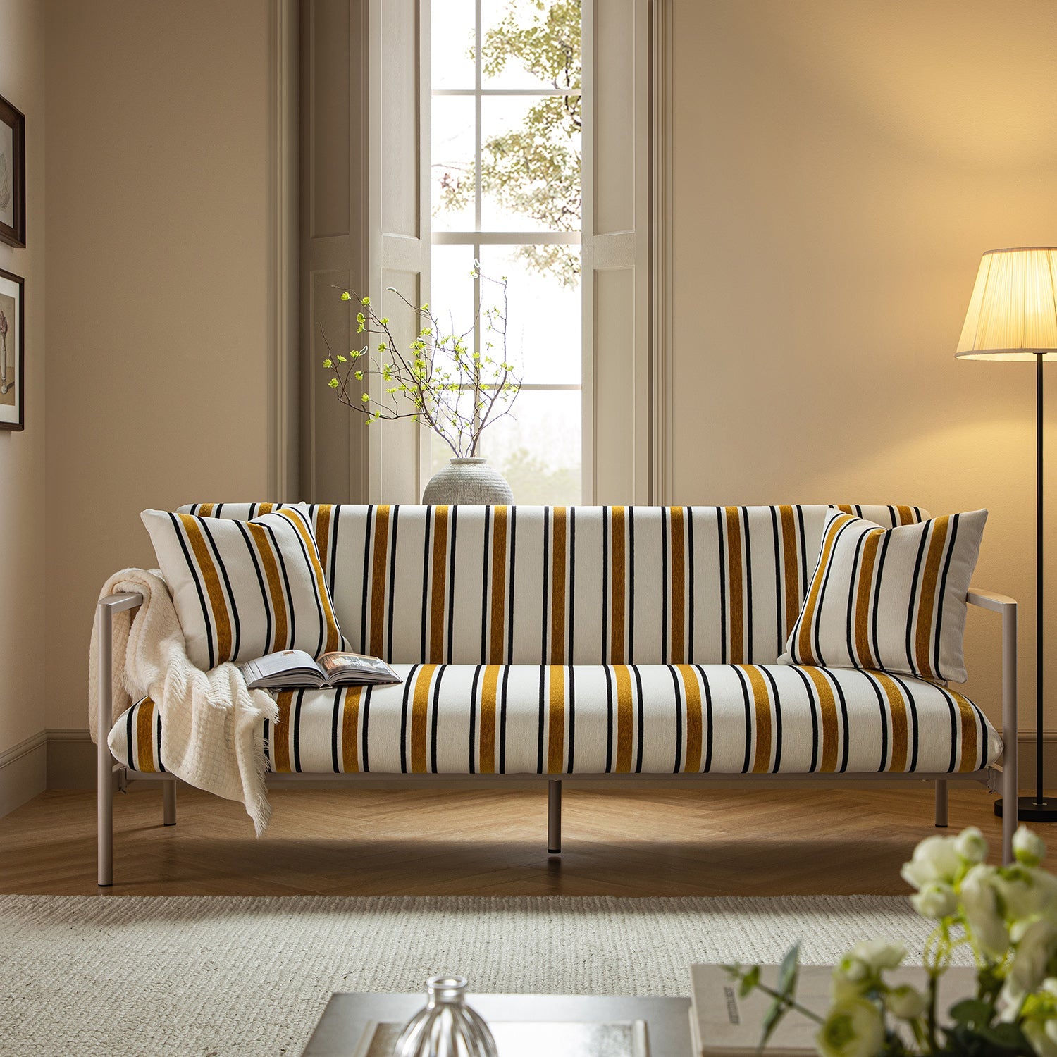 Linea Three Seater Sofa Bed, Amber Striped Chenille