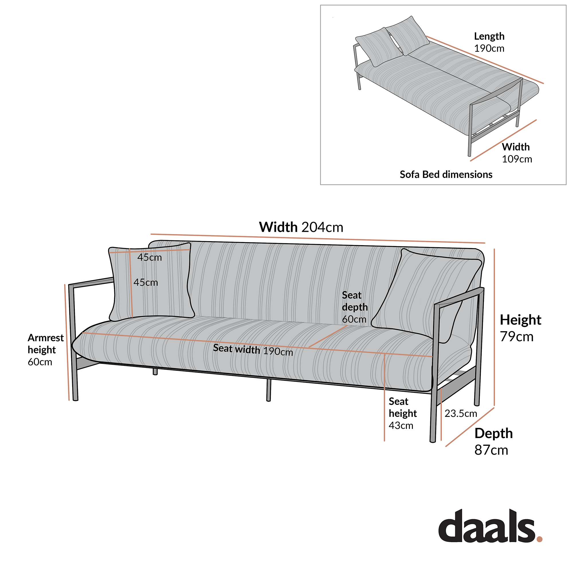 Linea Three Seater Sofa Bed, Amber Striped Chenille