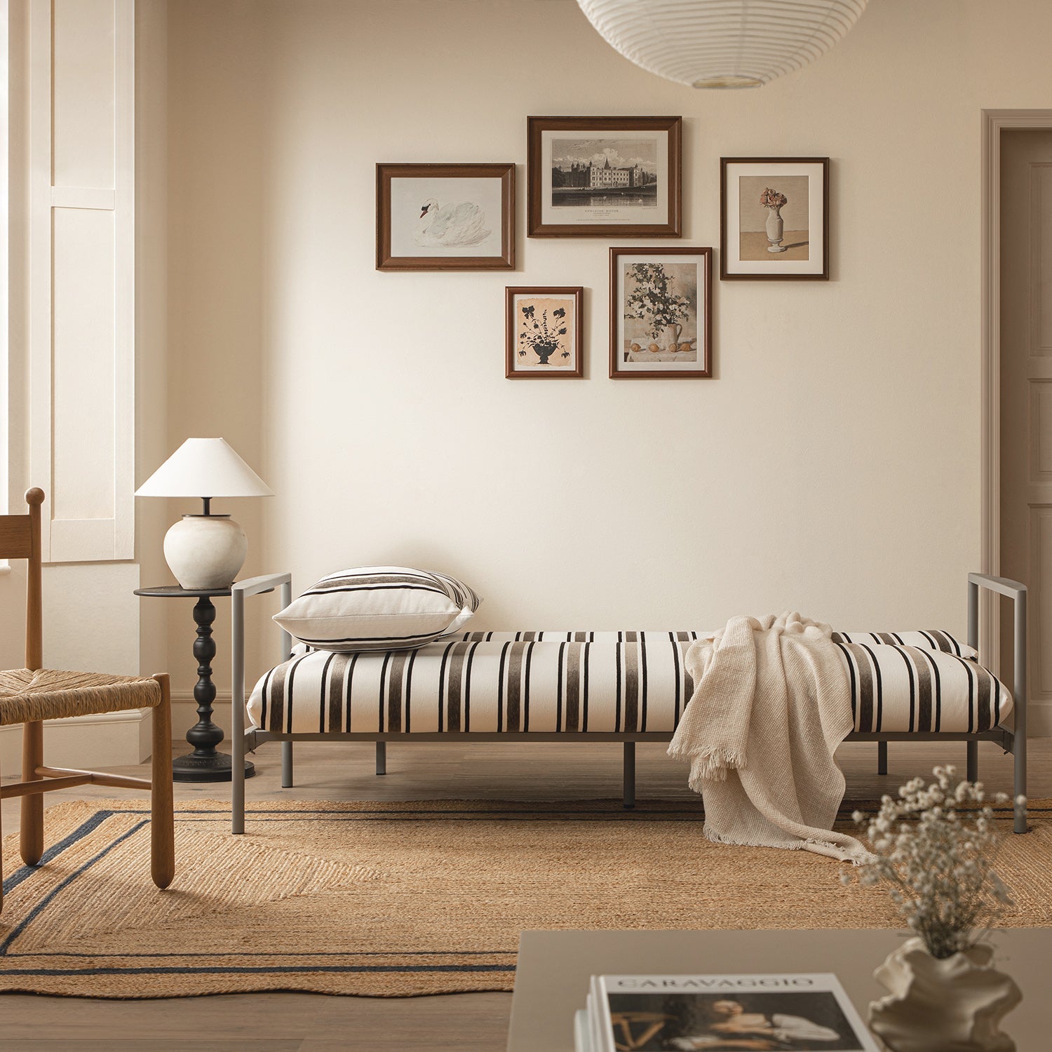 Linea Three Seater Sofa Bed, Taupe Striped Chenille