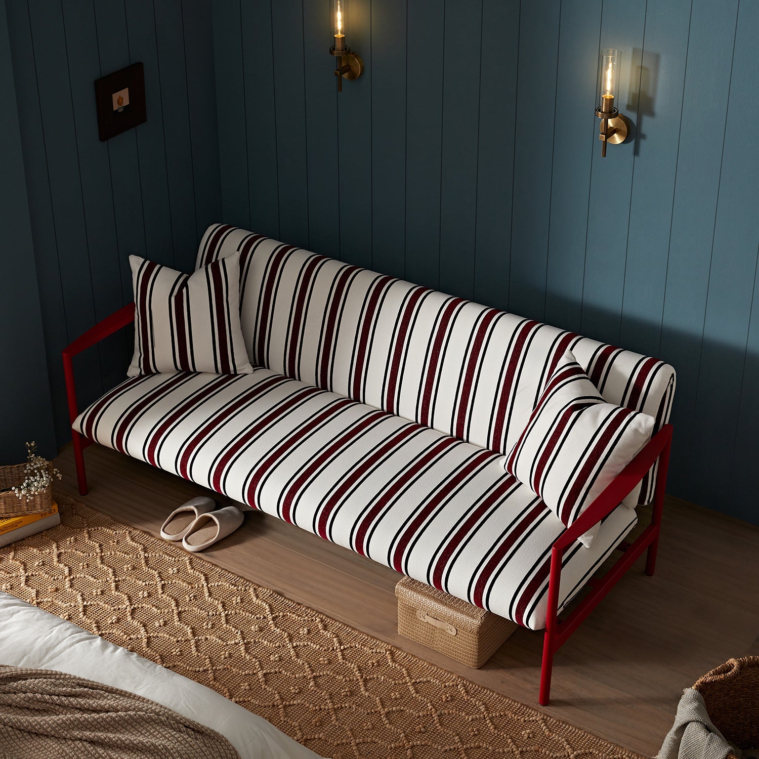 Linea Three Seater Sofa Bed, Maroon Red Striped Chenille