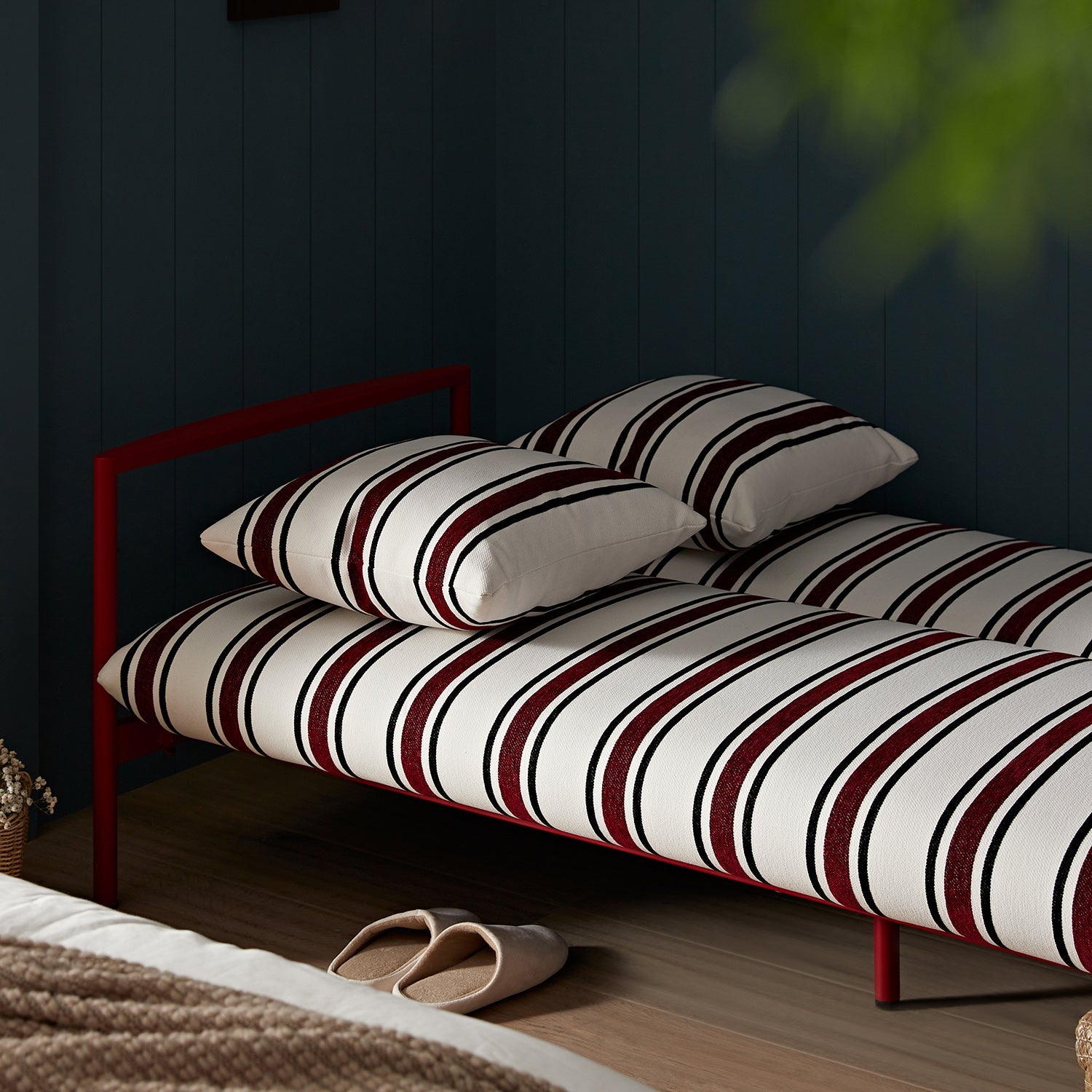Linea Three Seater Sofa Bed, Maroon Red Striped Chenille