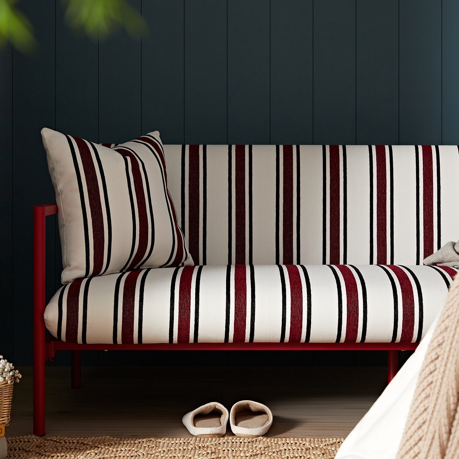 Linea Three Seater Sofa Bed, Maroon Red Striped Chenille