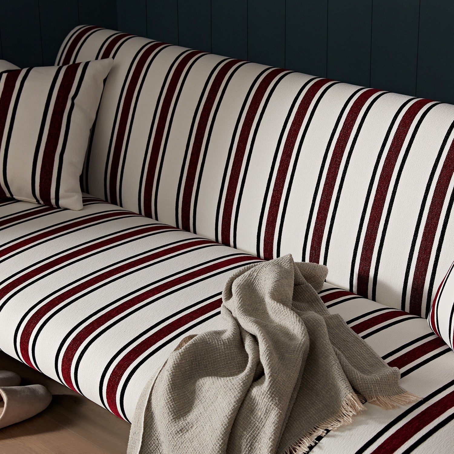 Linea Three Seater Sofa Bed, Maroon Red Striped Chenille