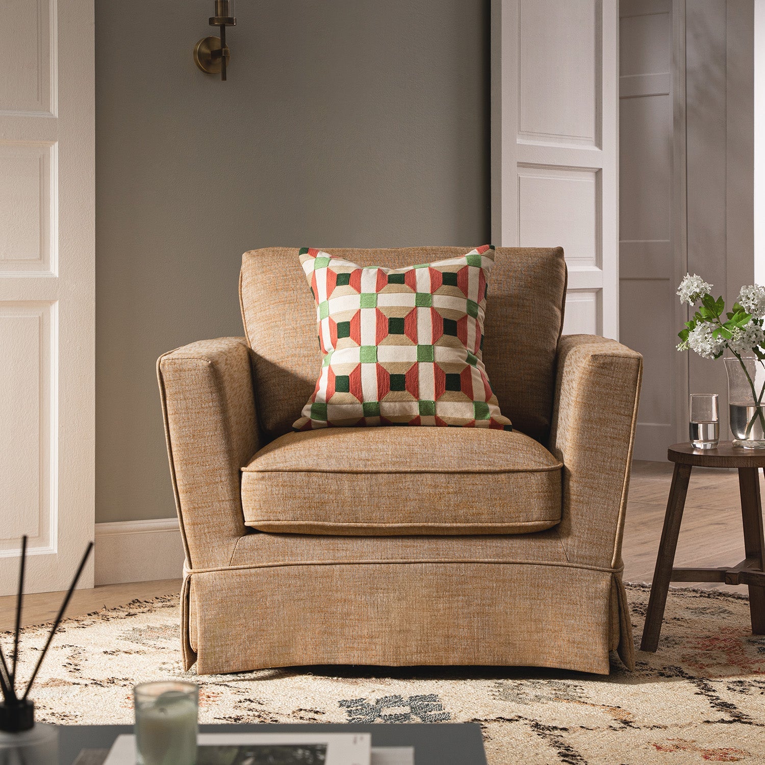 Fitz Skirted Armchair, Apricot Linen Blend