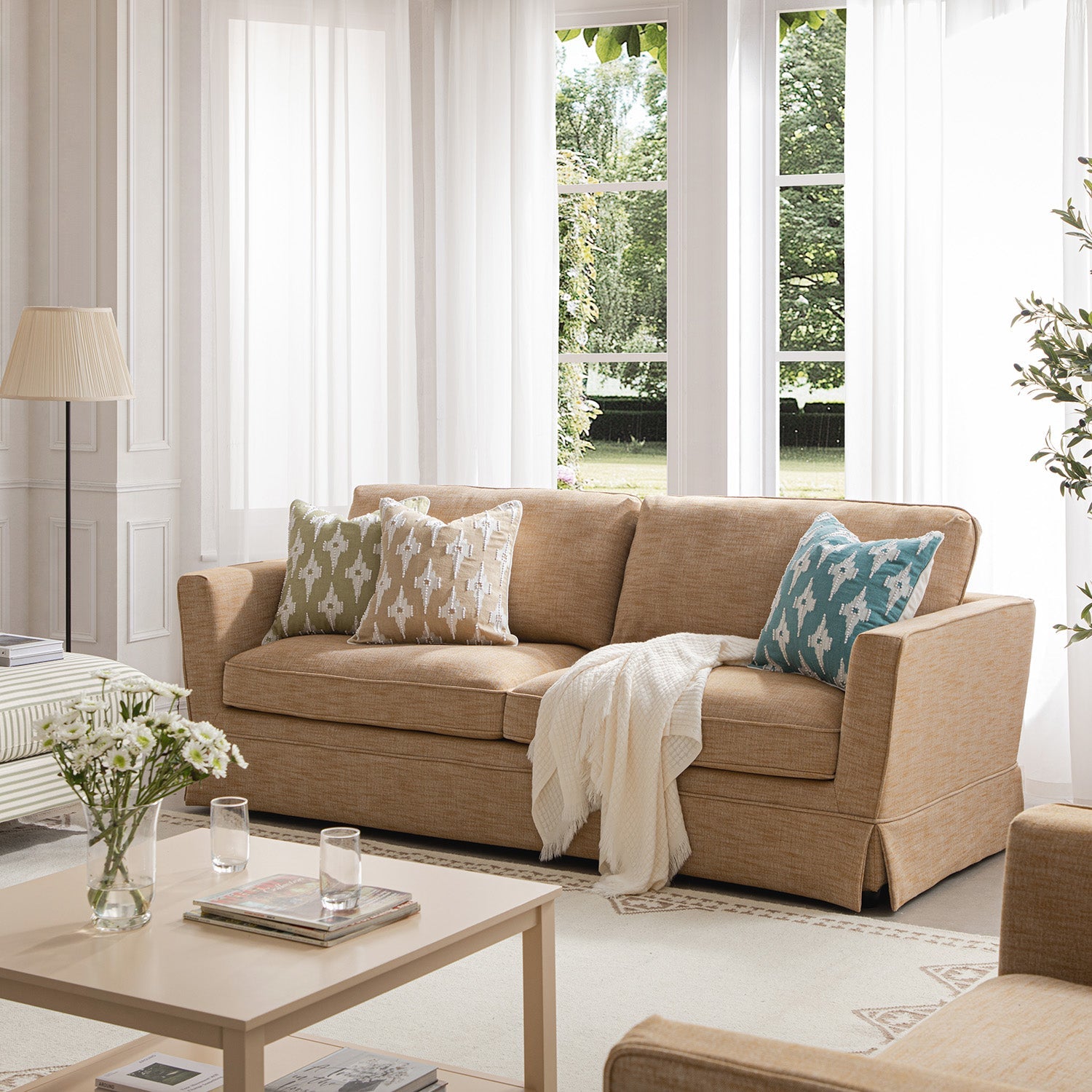 Fitz Skirted Large 3-Seater Sofa, Apricot Linen Blend