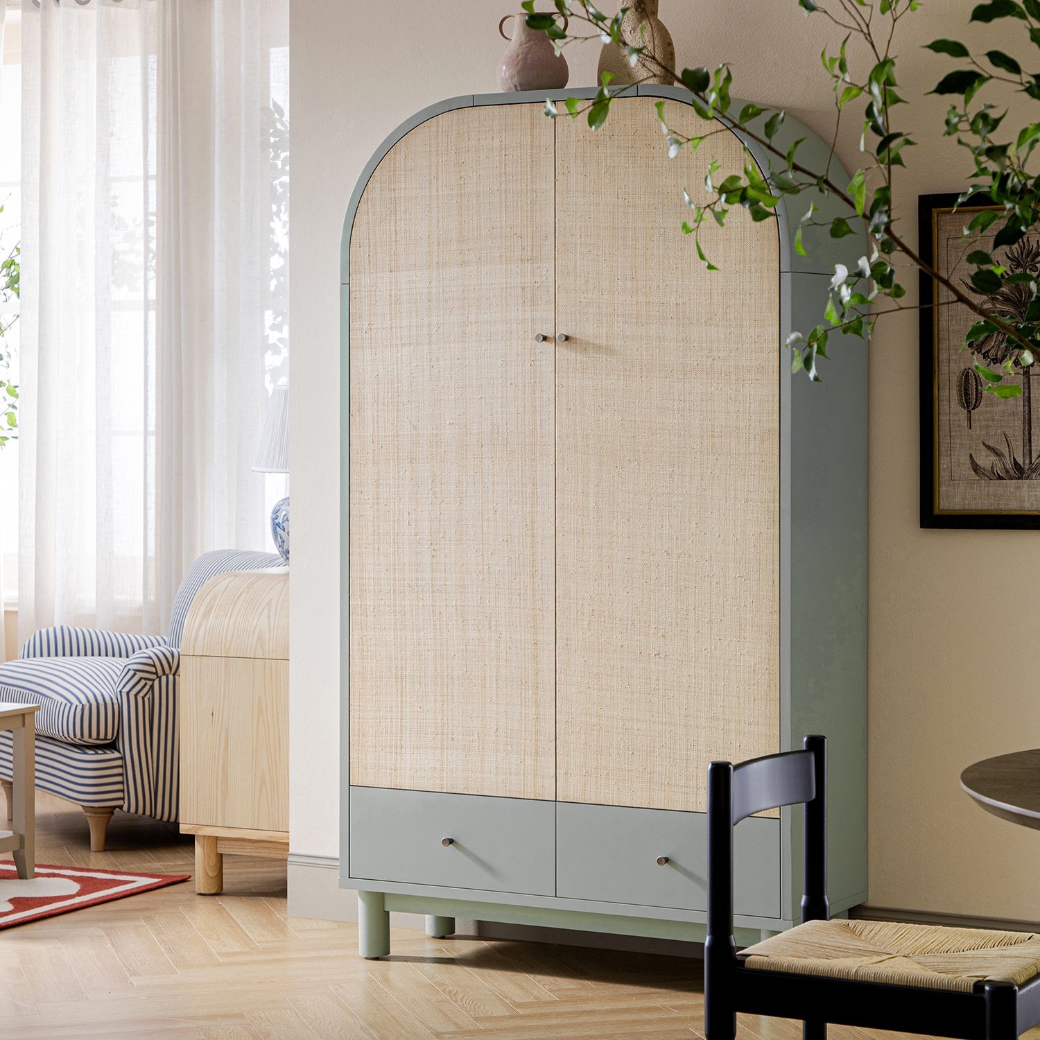 Maude Large Storage Cabinet, Muted Pistachio Ash with Raffia