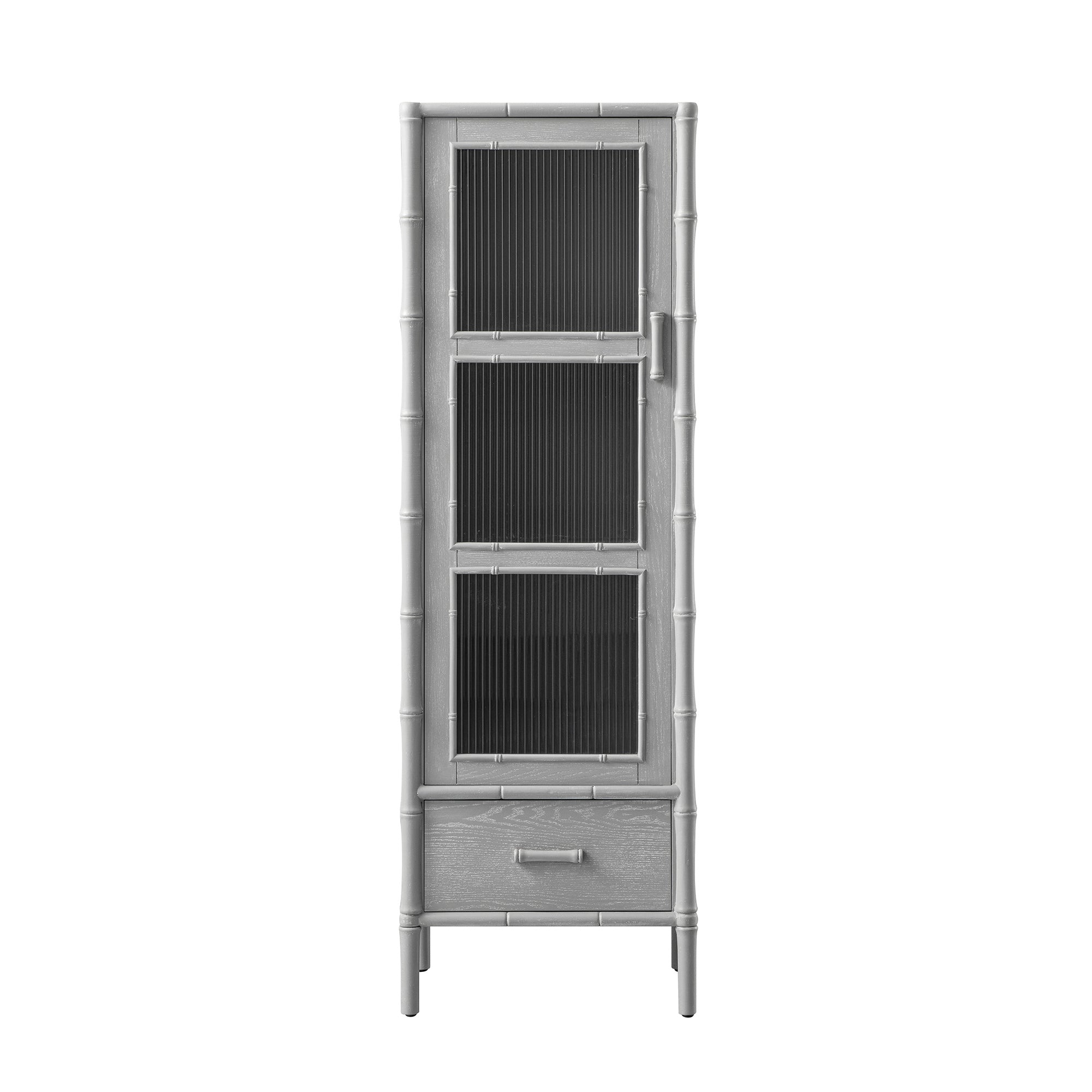 Elstowe Faux Bamboo and Fluted Glass 1-Door Cabinet, Warm Grey
