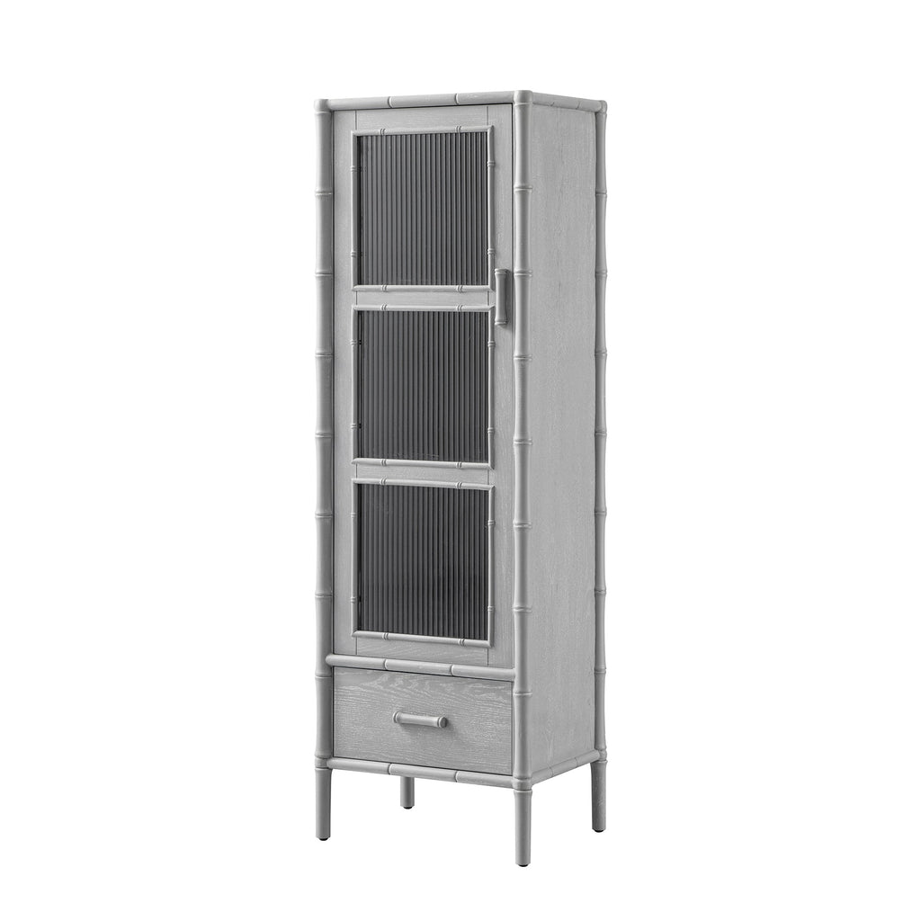 Elstowe Faux Bamboo and Fluted Glass 1-Door Cabinet, Warm Grey