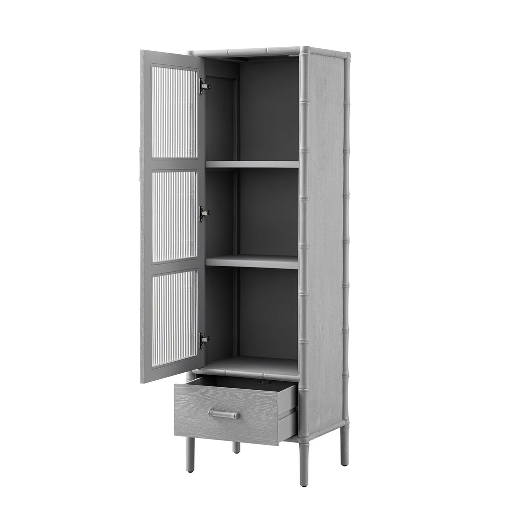 Elstowe Faux Bamboo and Fluted Glass 1-Door Cabinet, Warm Grey