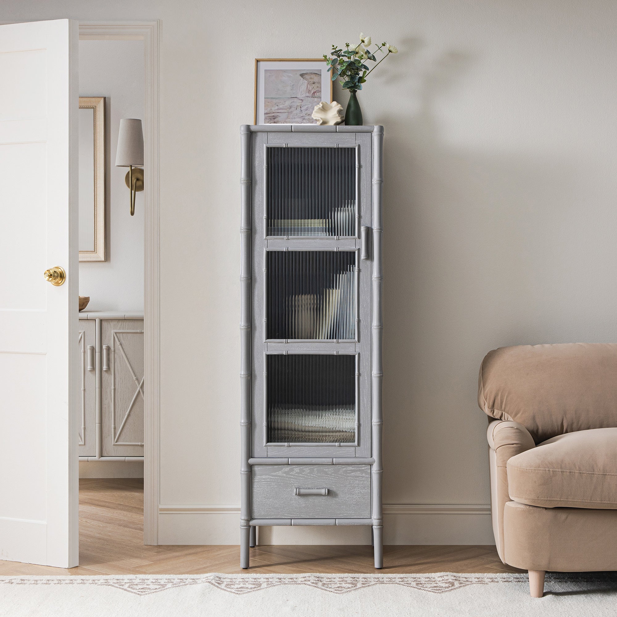 Elstowe Faux Bamboo and Fluted Glass 1-Door Cabinet, Warm Grey