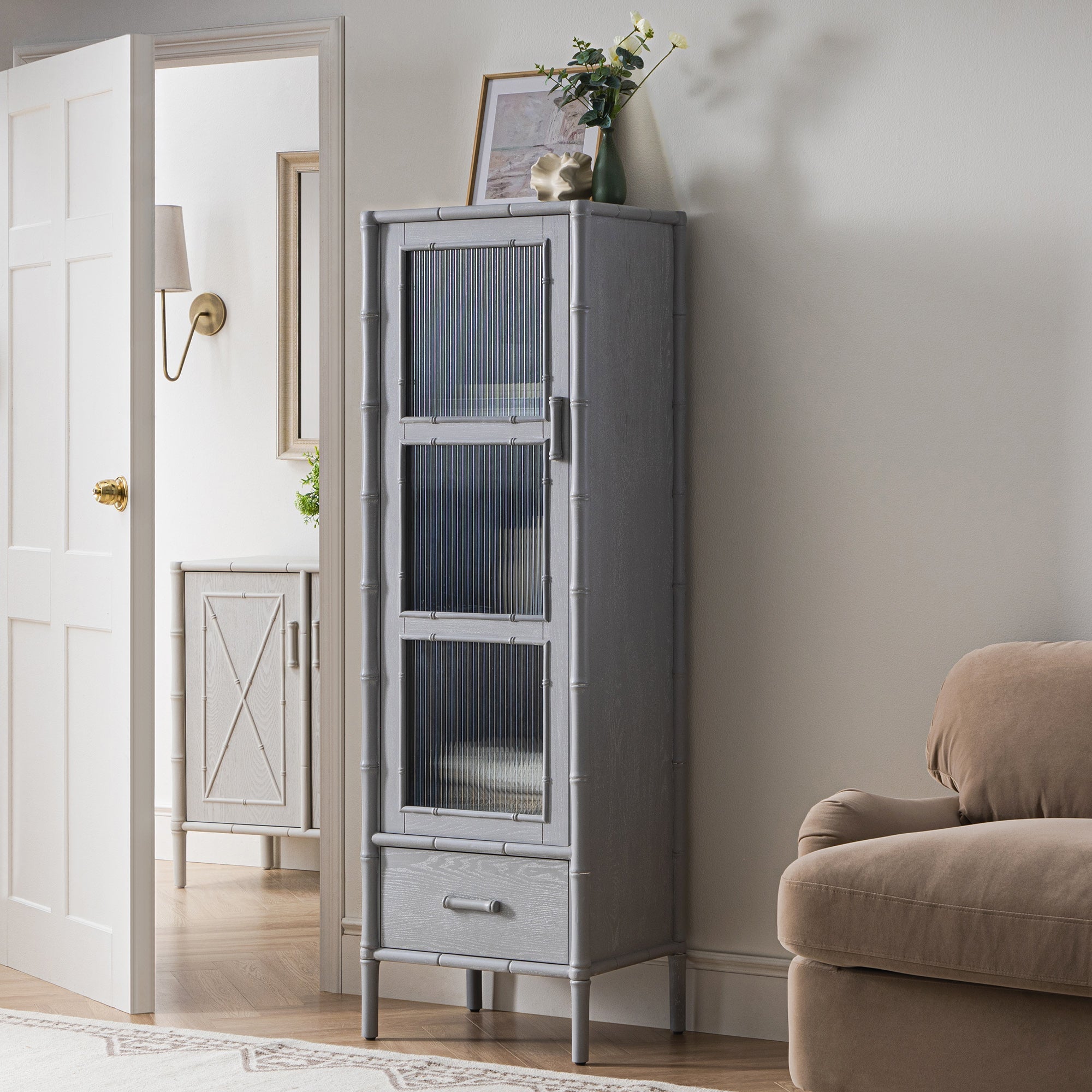 Elstowe Faux Bamboo and Fluted Glass 1-Door Cabinet, Warm Grey