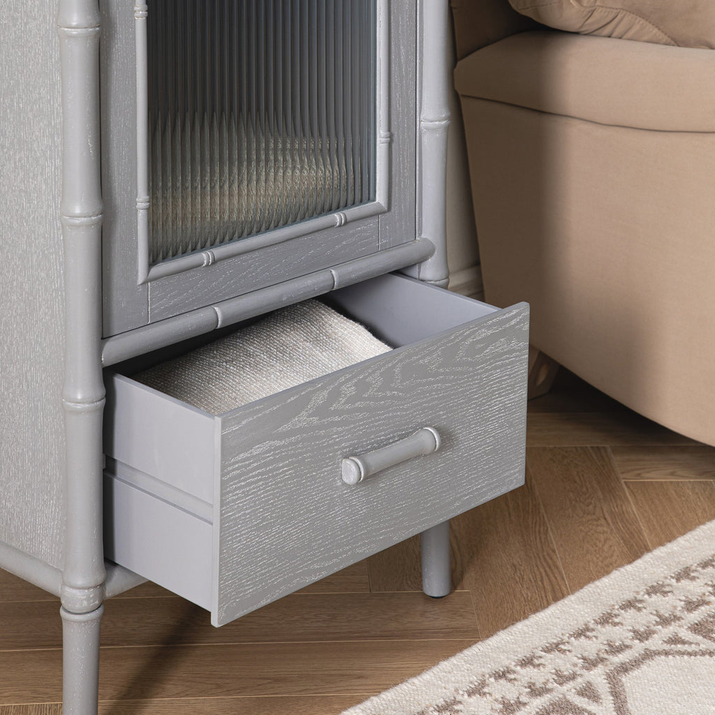 Elstowe Faux Bamboo and Fluted Glass 1-Door Cabinet, Warm Grey