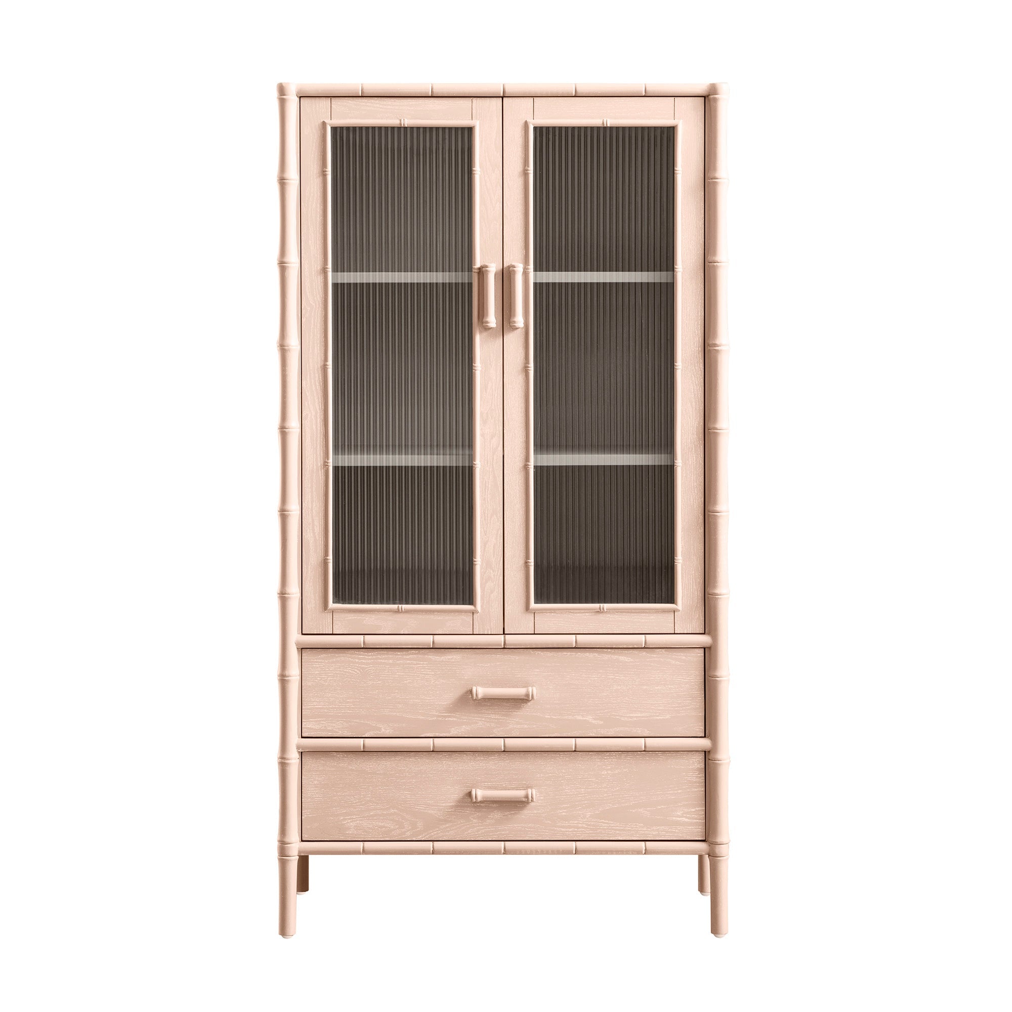 Elstowe Faux Bamboo and Fluted Glass 2-Door Cabinet, Nude Pink