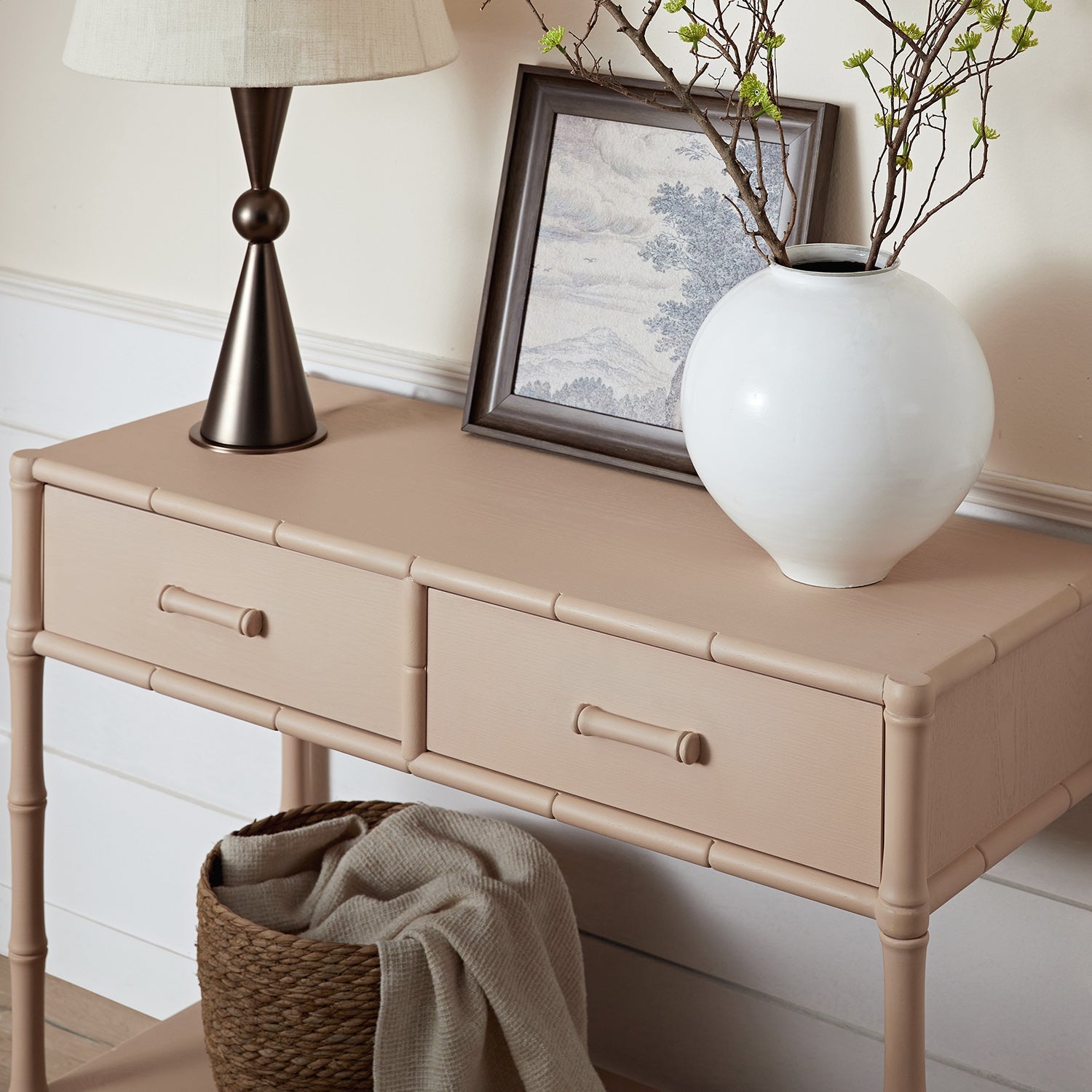 Elstowe Faux Bamboo 2-Drawer Console Table, Nude Pink