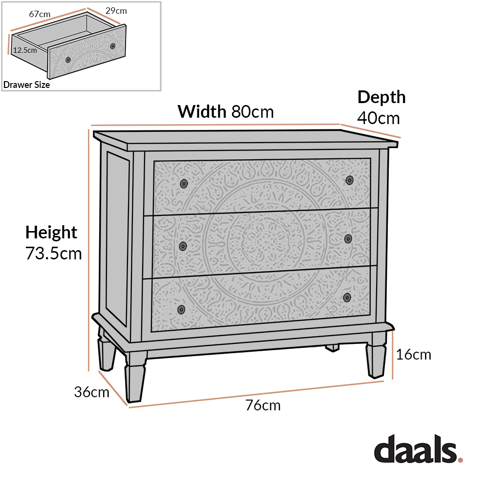 Chantilly Mid Grey Carved 3 Drawer Chest