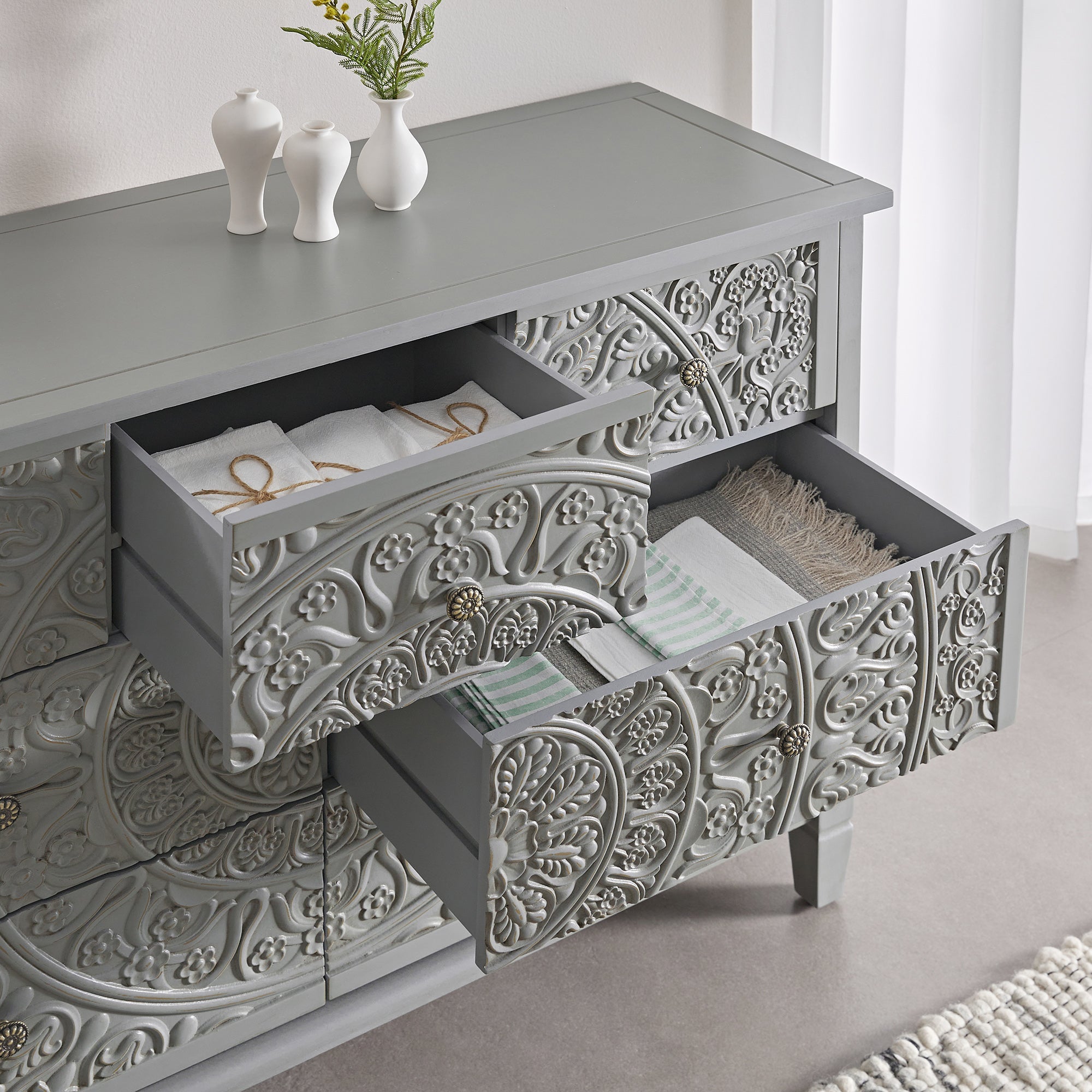 Chantilly Mid Grey Carved 3 over 4 Drawer Chest