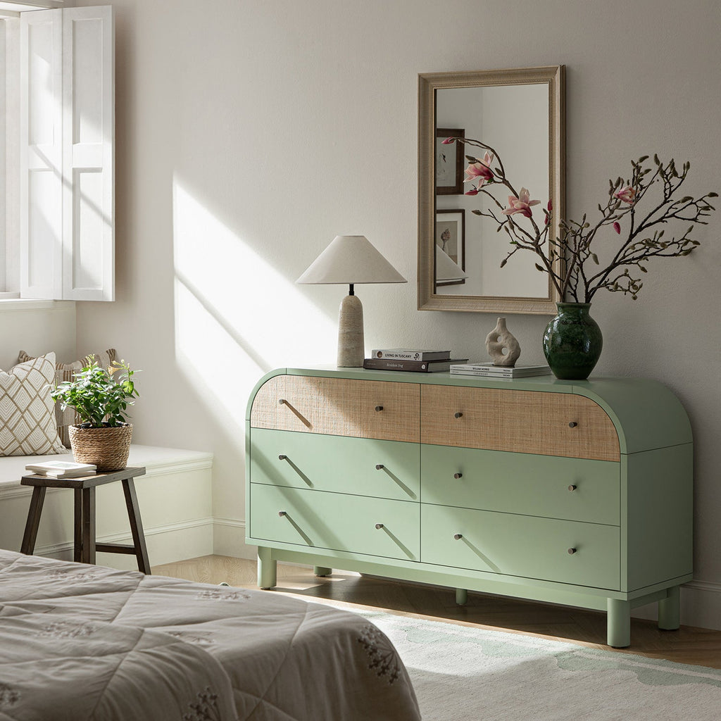 Maude Chest of 6 Drawers, Muted Pistachio Ash with Raffia