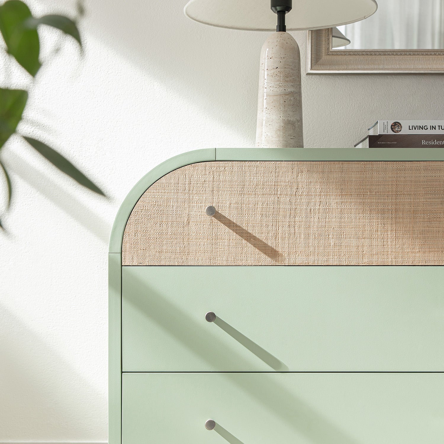 Maude Chest of 6 Drawers, Muted Pistachio Ash with Raffia
