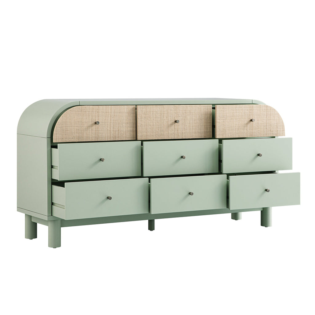 Maude 9 Drawer Chest, Muted Pistachio Ash with Raffia