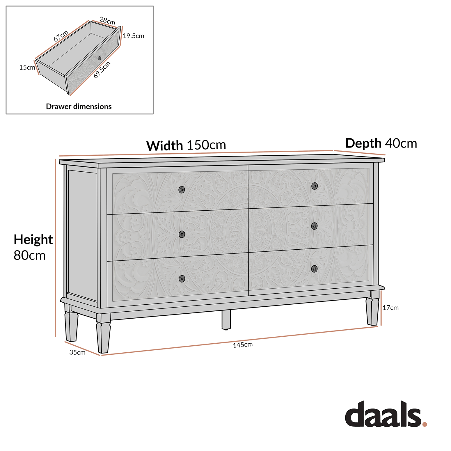 Chantilly Mid Grey Carved Wide 6 Drawer Chest