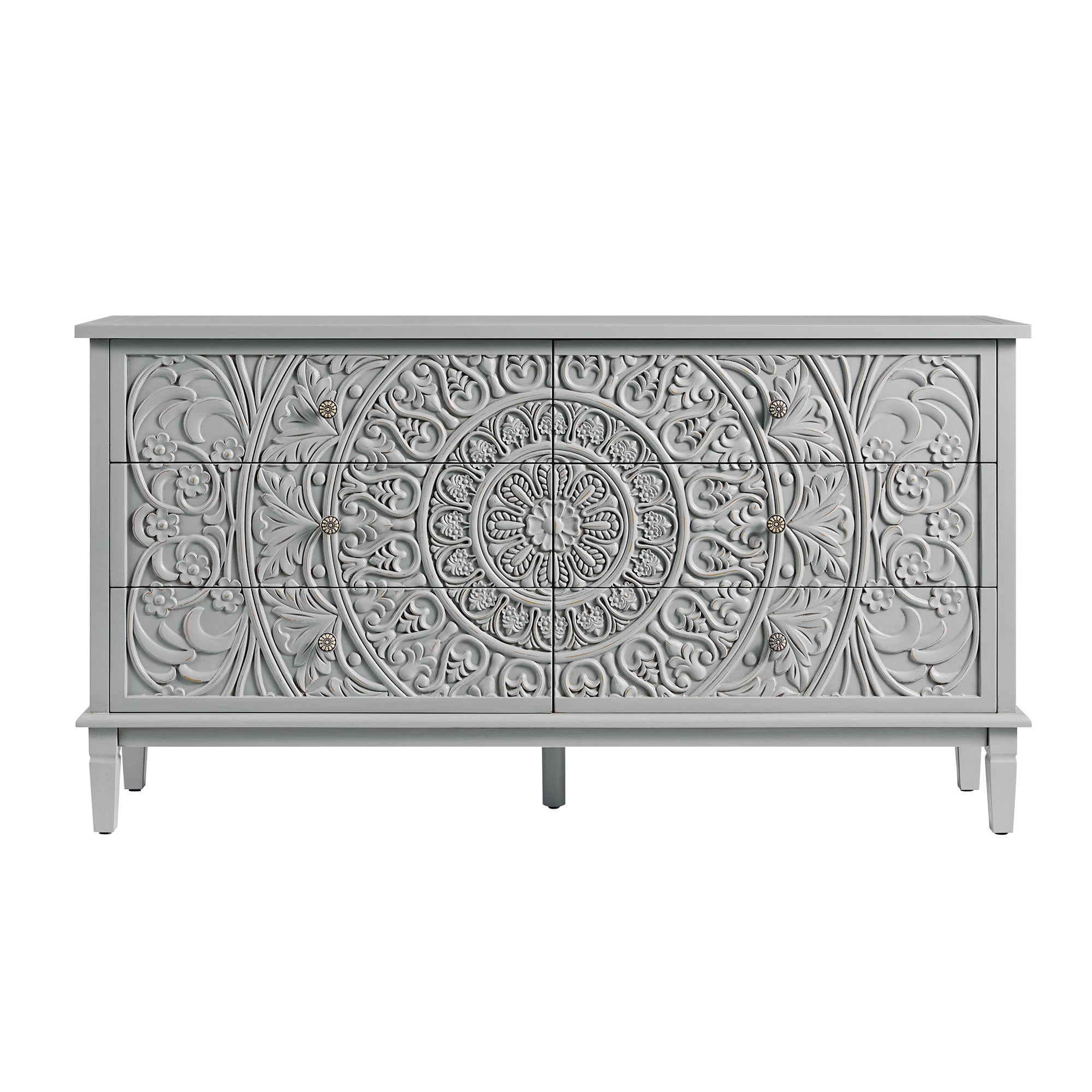 Chantilly Mid Grey Carved Wide 6 Drawer Chest