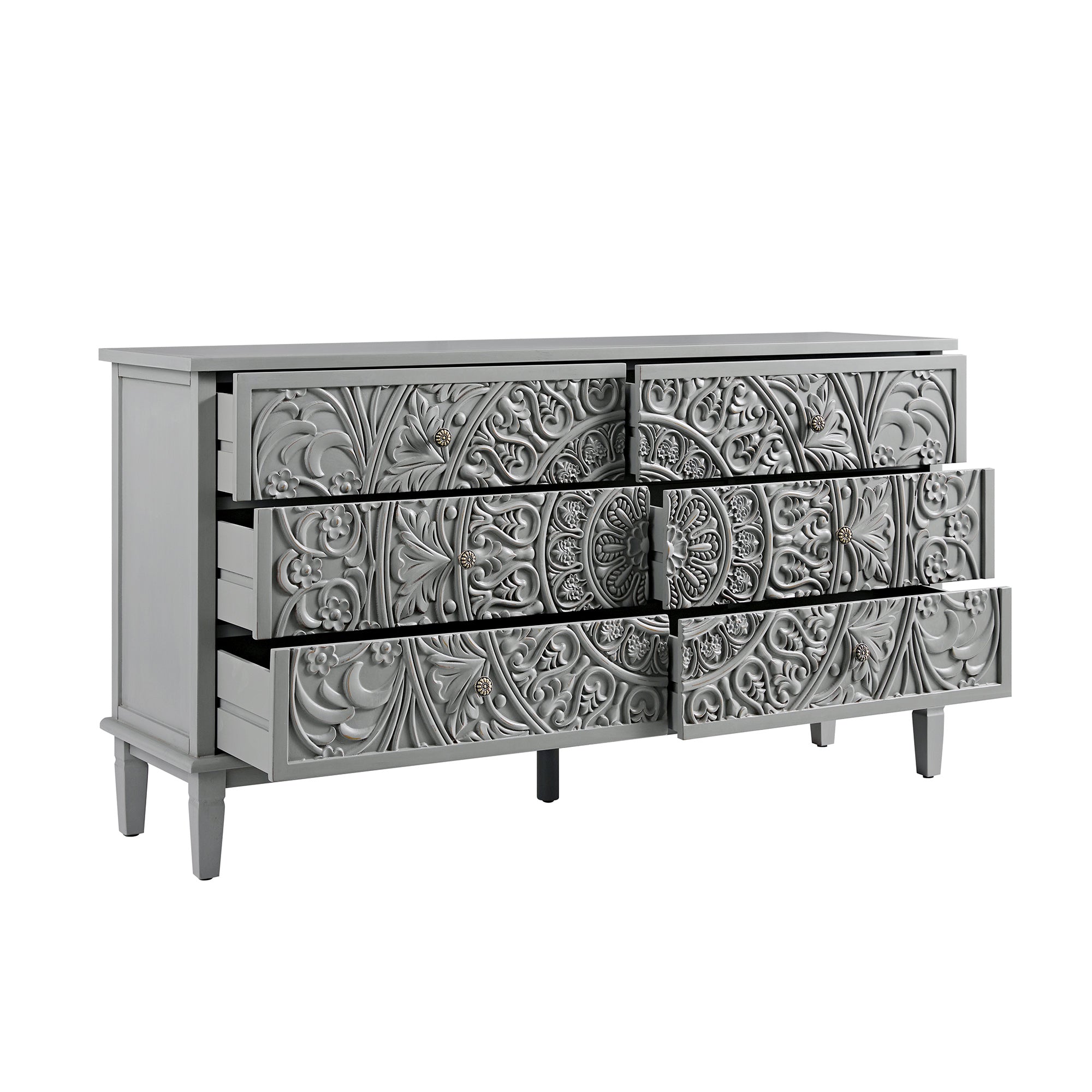 Chantilly Mid Grey Carved Wide 6 Drawer Chest