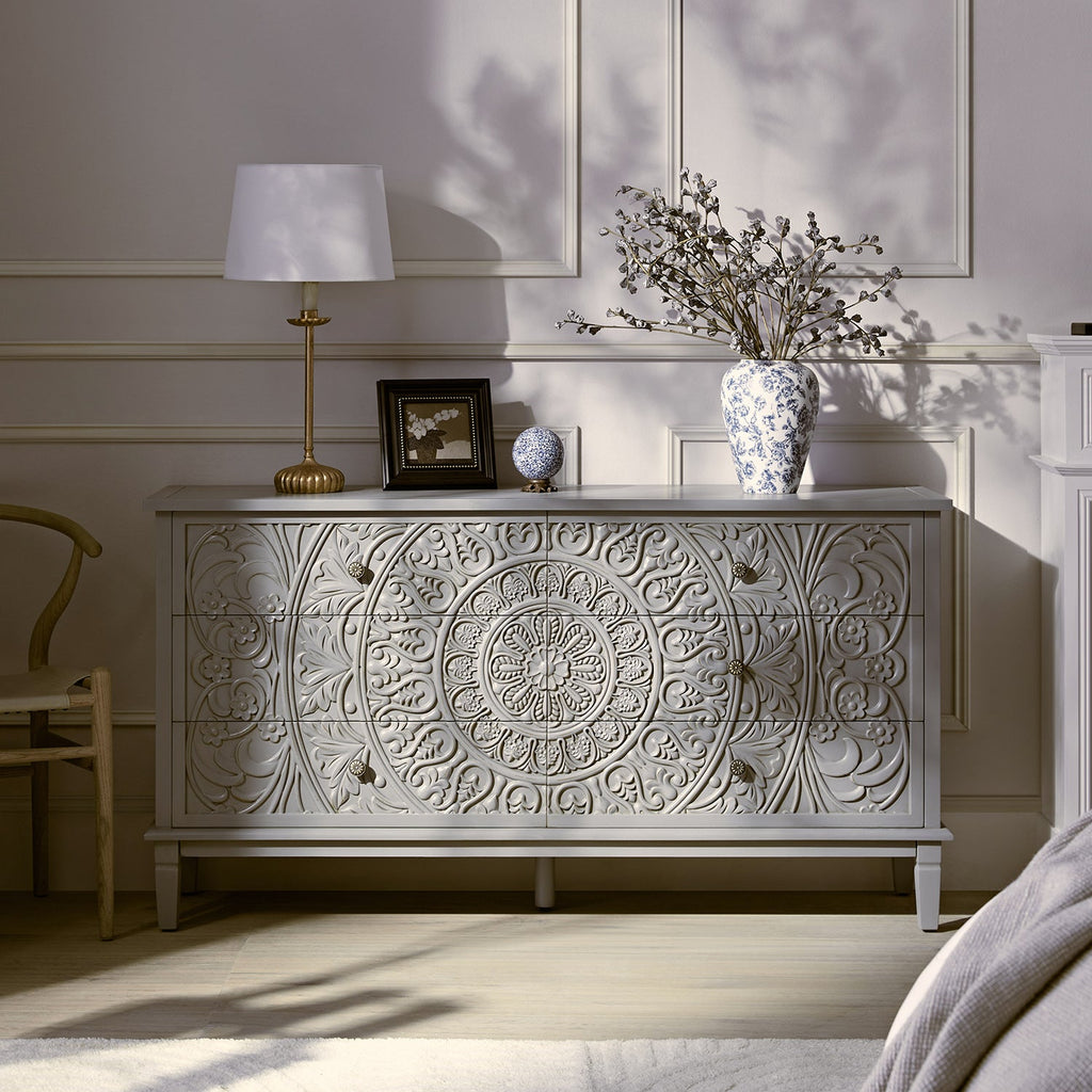 Chantilly Mid Grey Carved Wide 6 Drawer Chest
