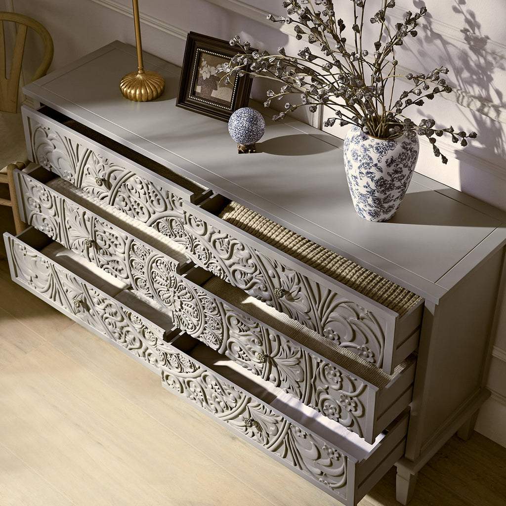 Chantilly Mid Grey Carved Wide 6 Drawer Chest