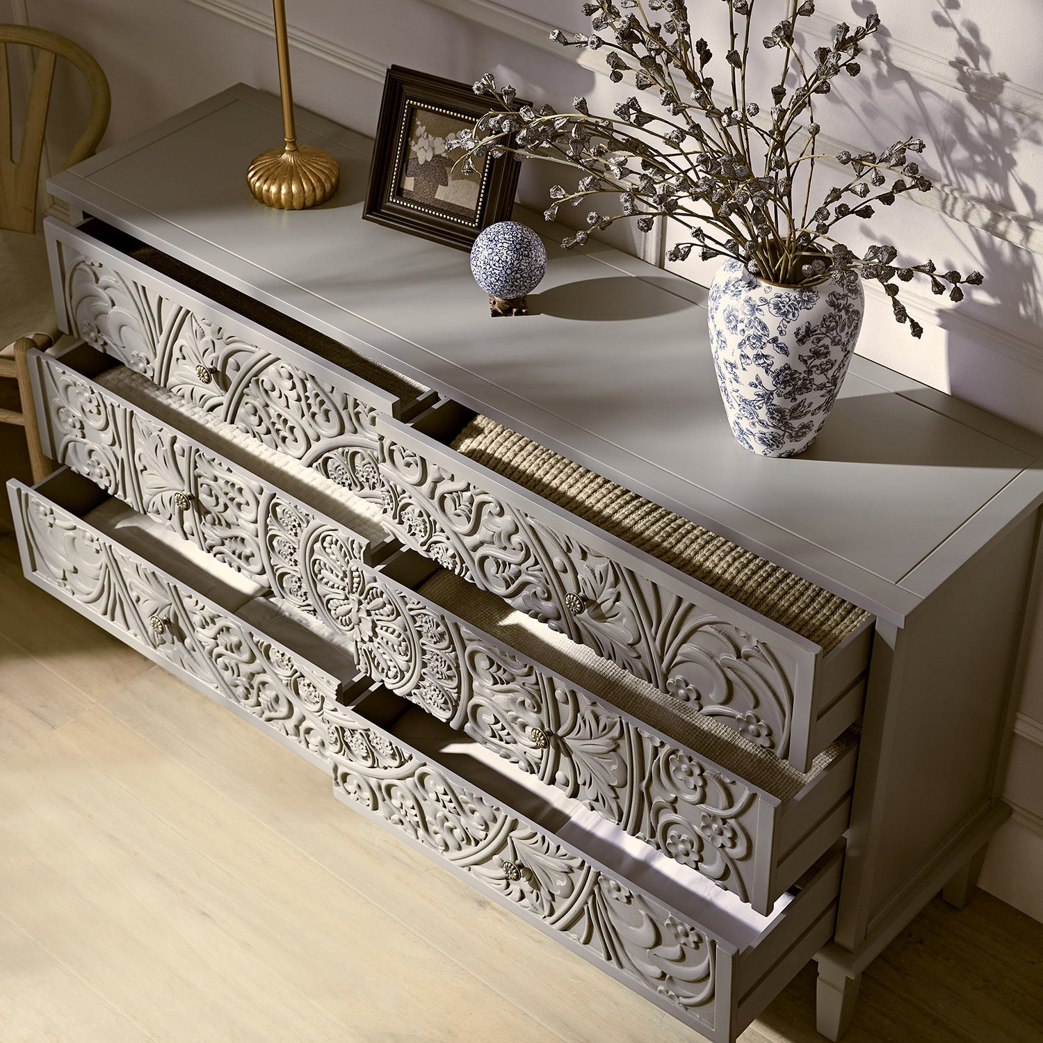 Chantilly Mid Grey Carved Wide 6 Drawer Chest