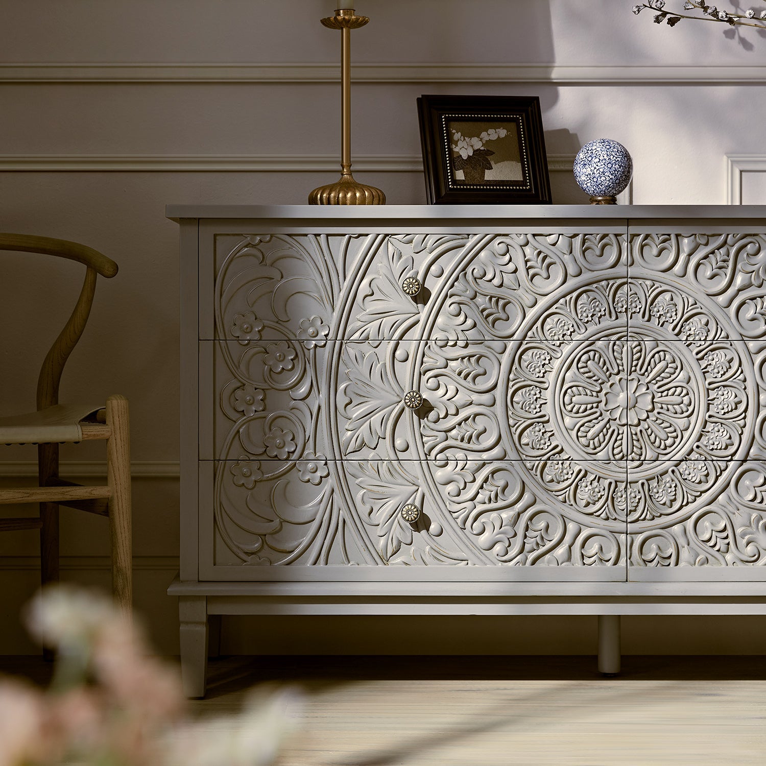 Chantilly Mid Grey Carved Wide 6 Drawer Chest