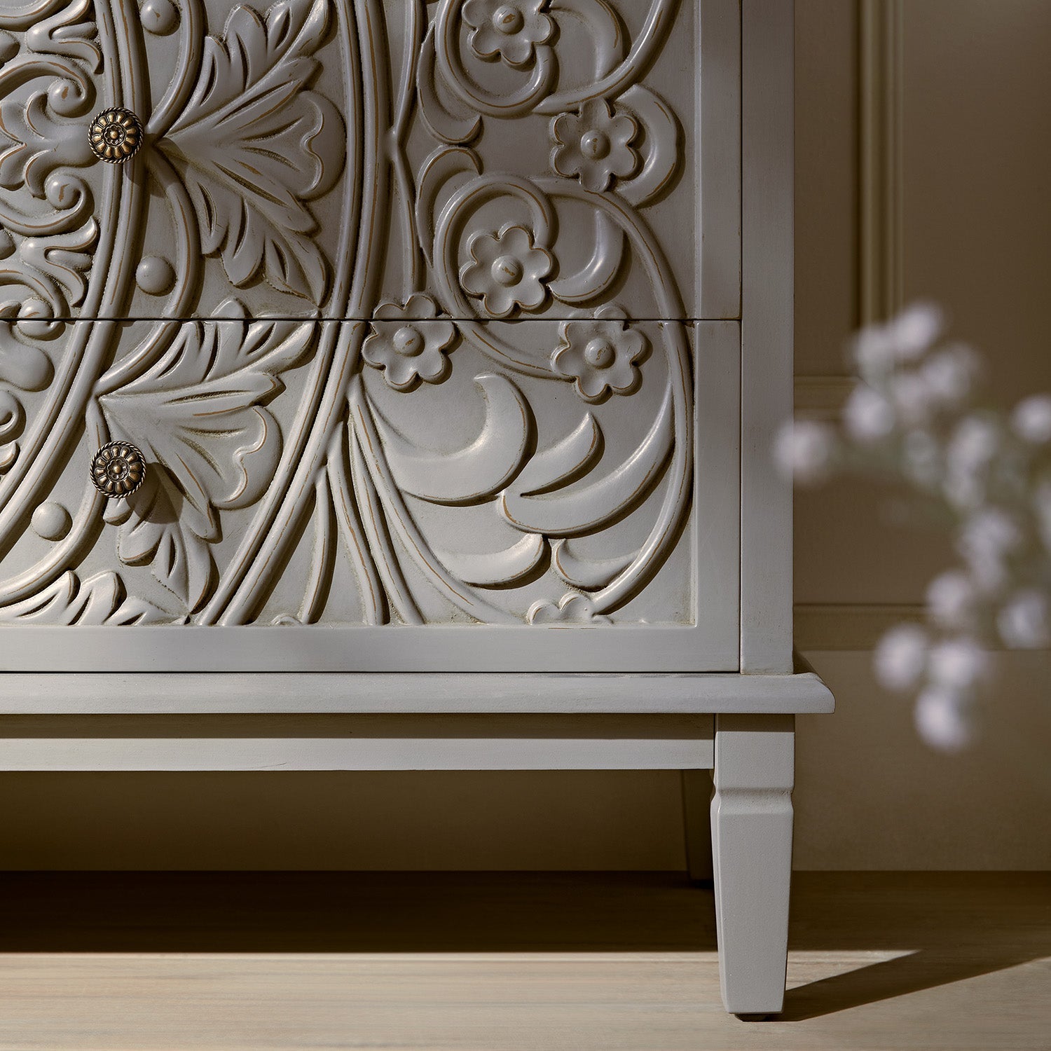 Chantilly Mid Grey Carved Wide 6 Drawer Chest