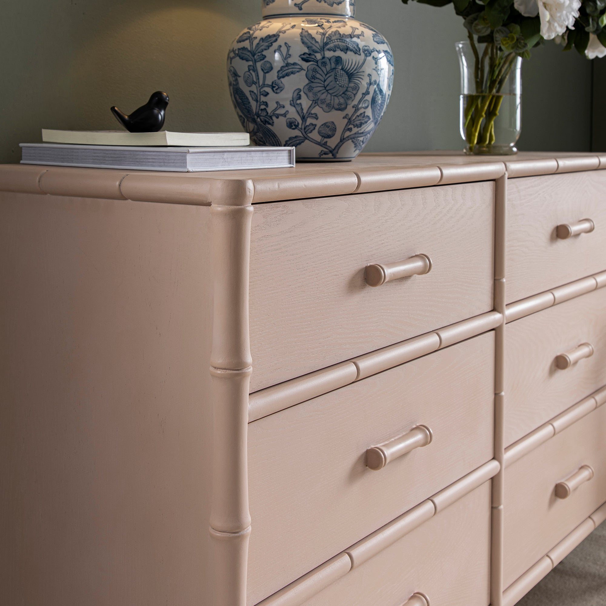 Elstowe Faux Bamboo 6-Drawer Chest, Nude Pink