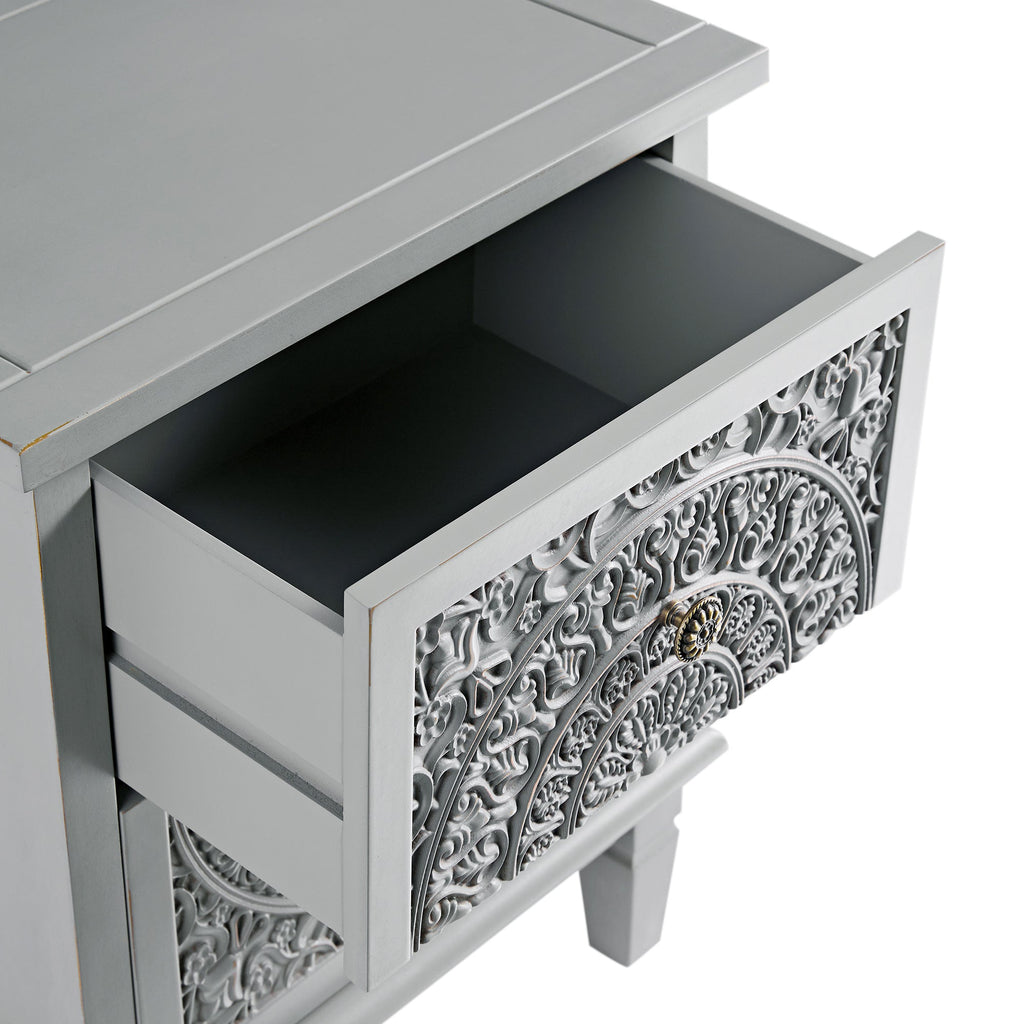 Chantilly Mid Grey Carved 2 Drawer Bedside Table