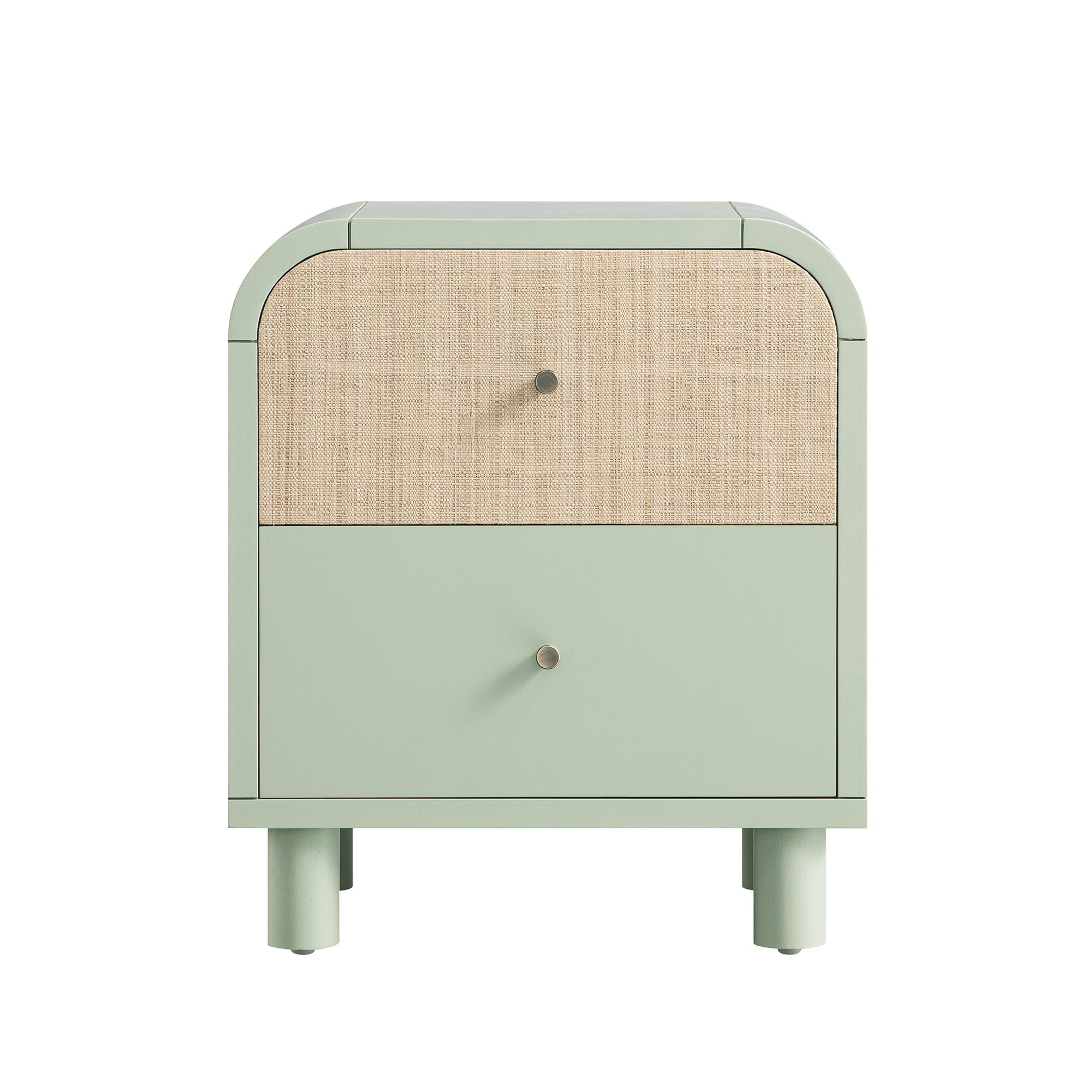Maude 2 Drawer Bedside Table, Muted Pistachio Ash with Raffia