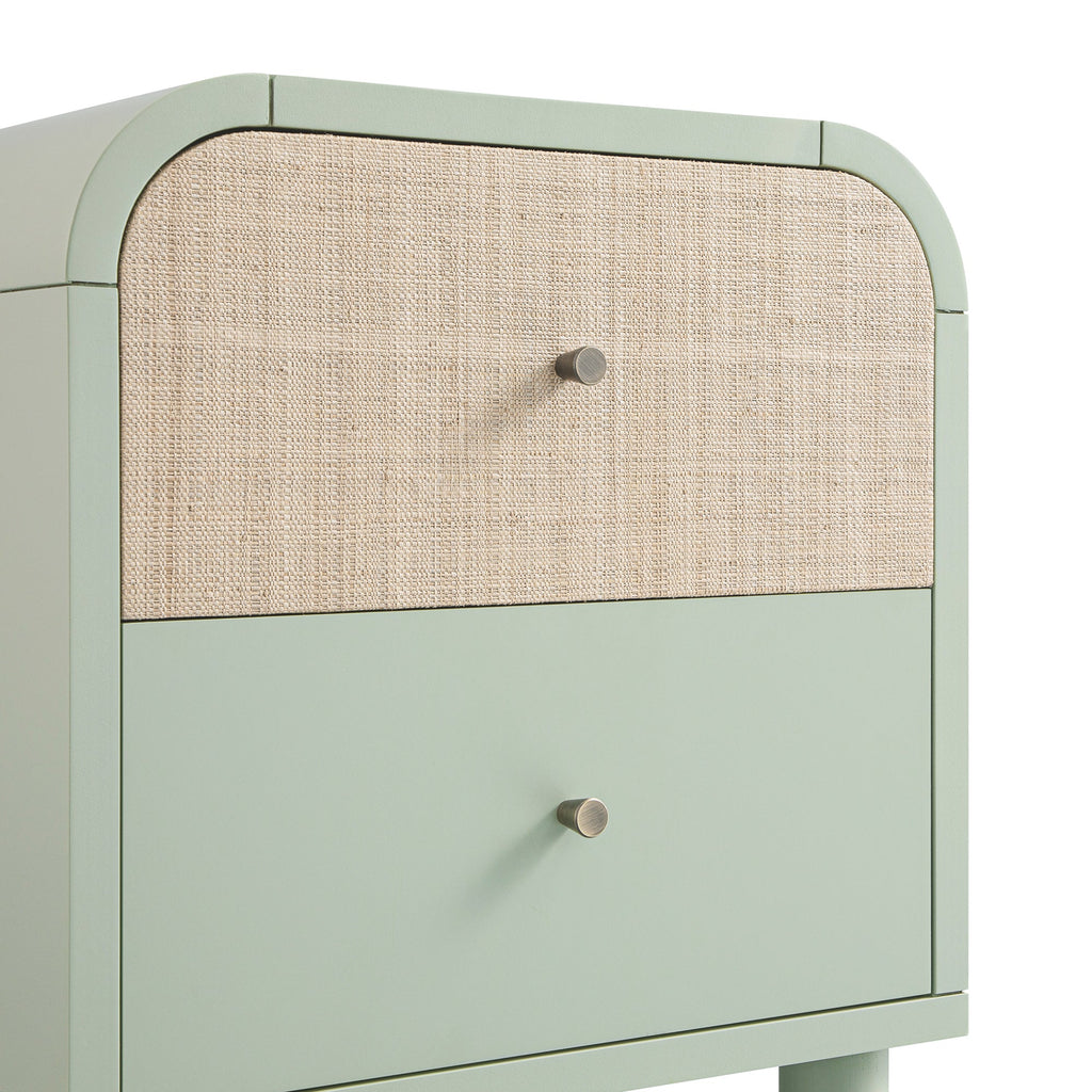 Maude 2 Drawer Bedside Table, Muted Pistachio Ash with Raffia