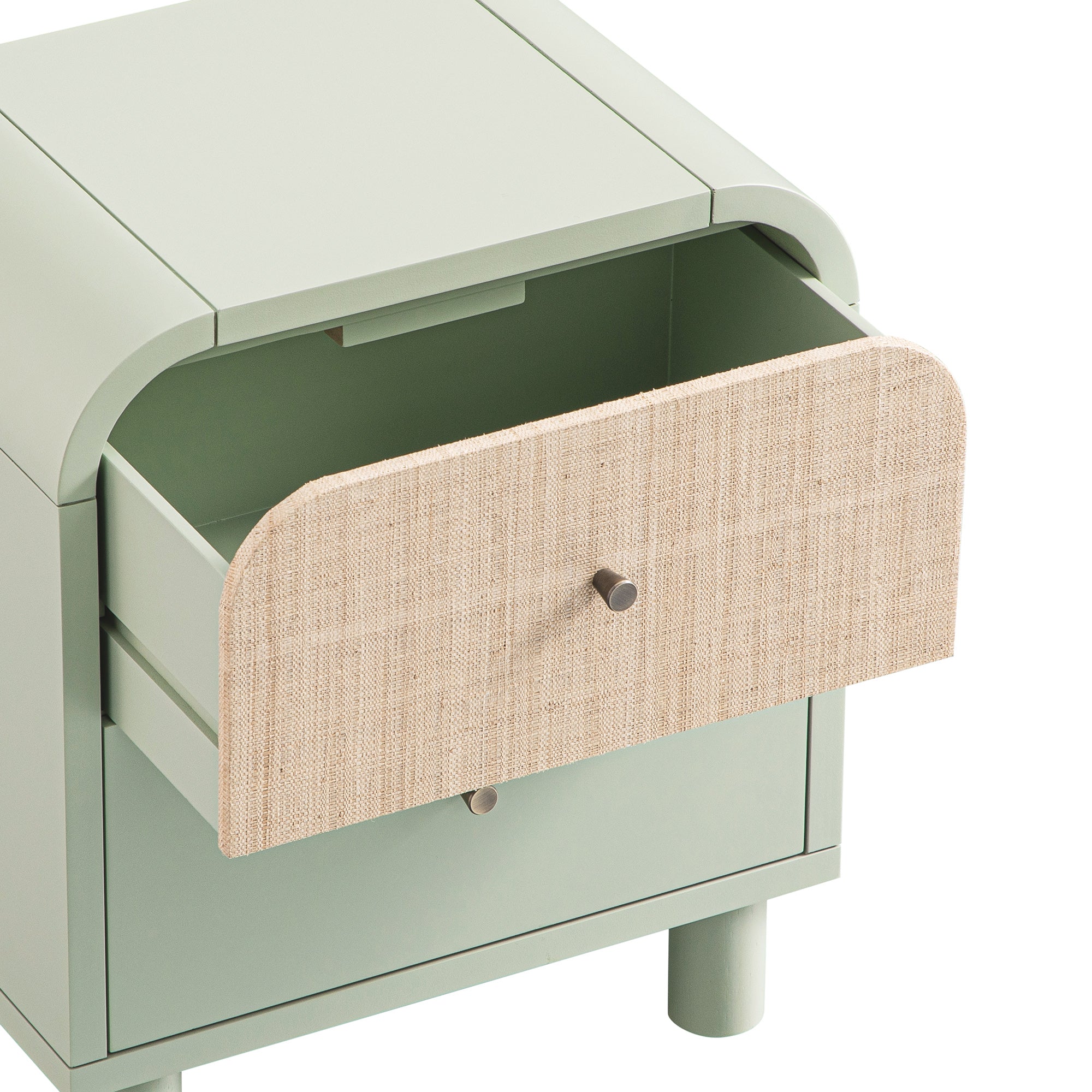 Maude 2 Drawer Bedside Table, Muted Pistachio Ash with Raffia