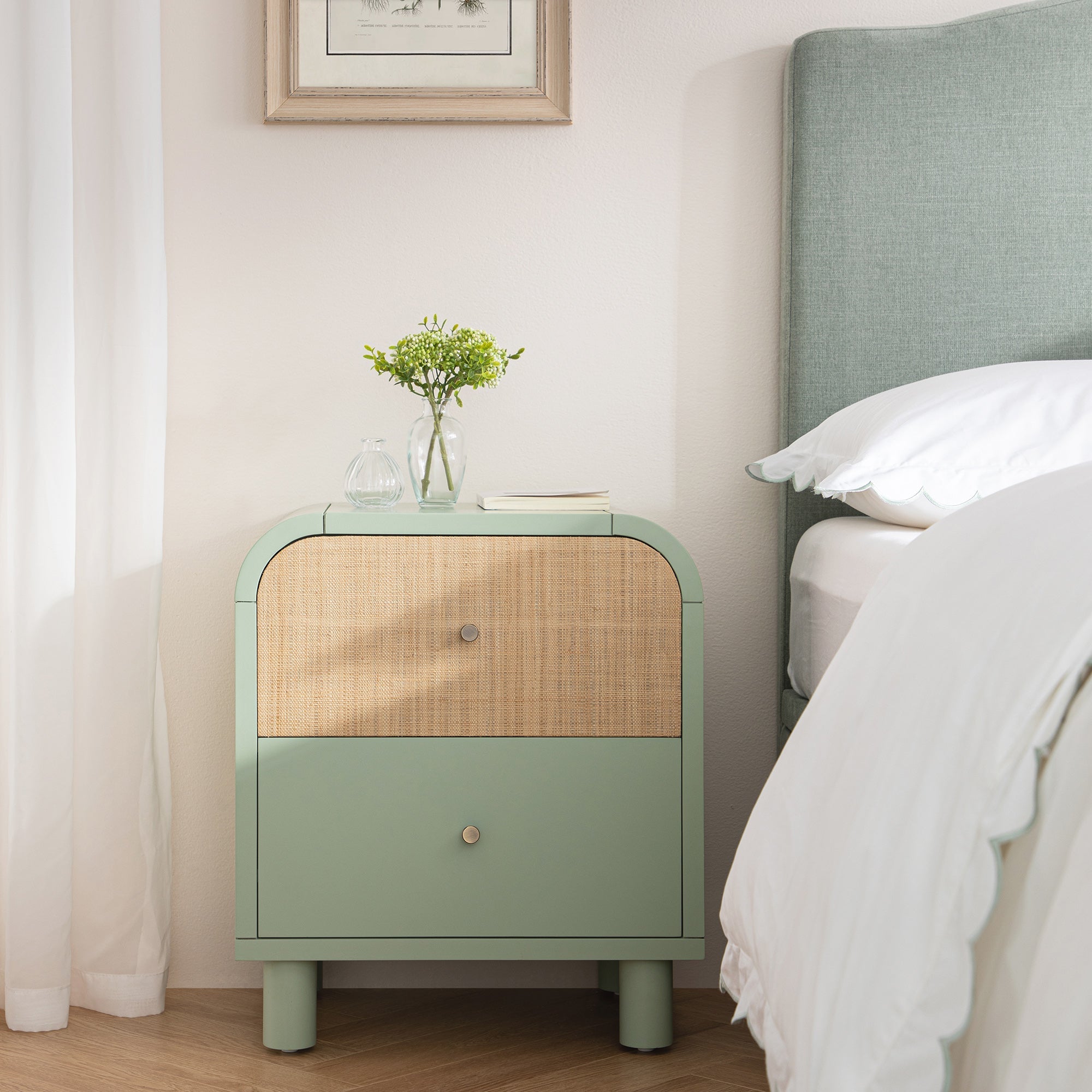 Maude 2 Drawer Bedside Table, Muted Pistachio Ash with Raffia