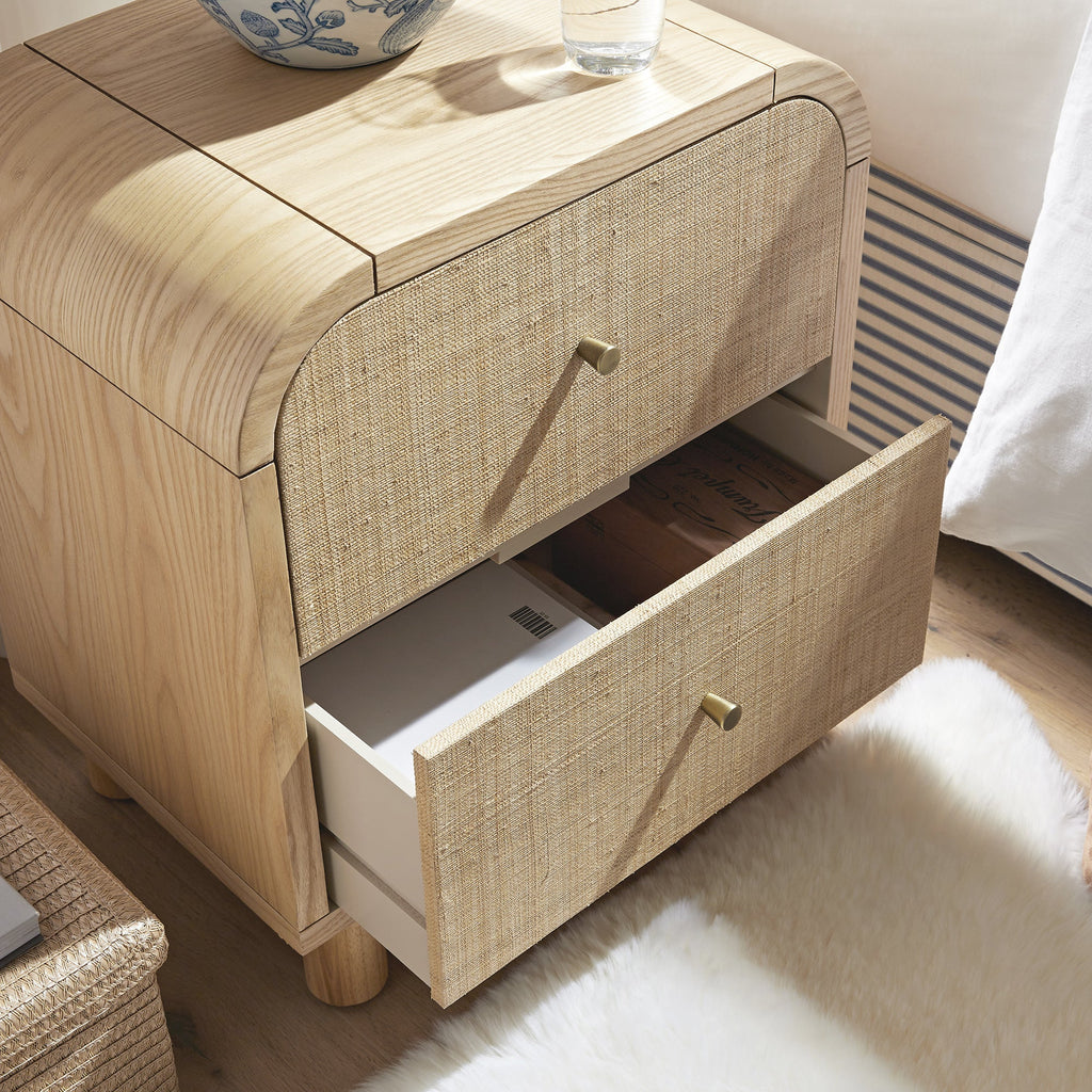 Maude 2 Drawer Bedside Table, Natural Ash with Raffia