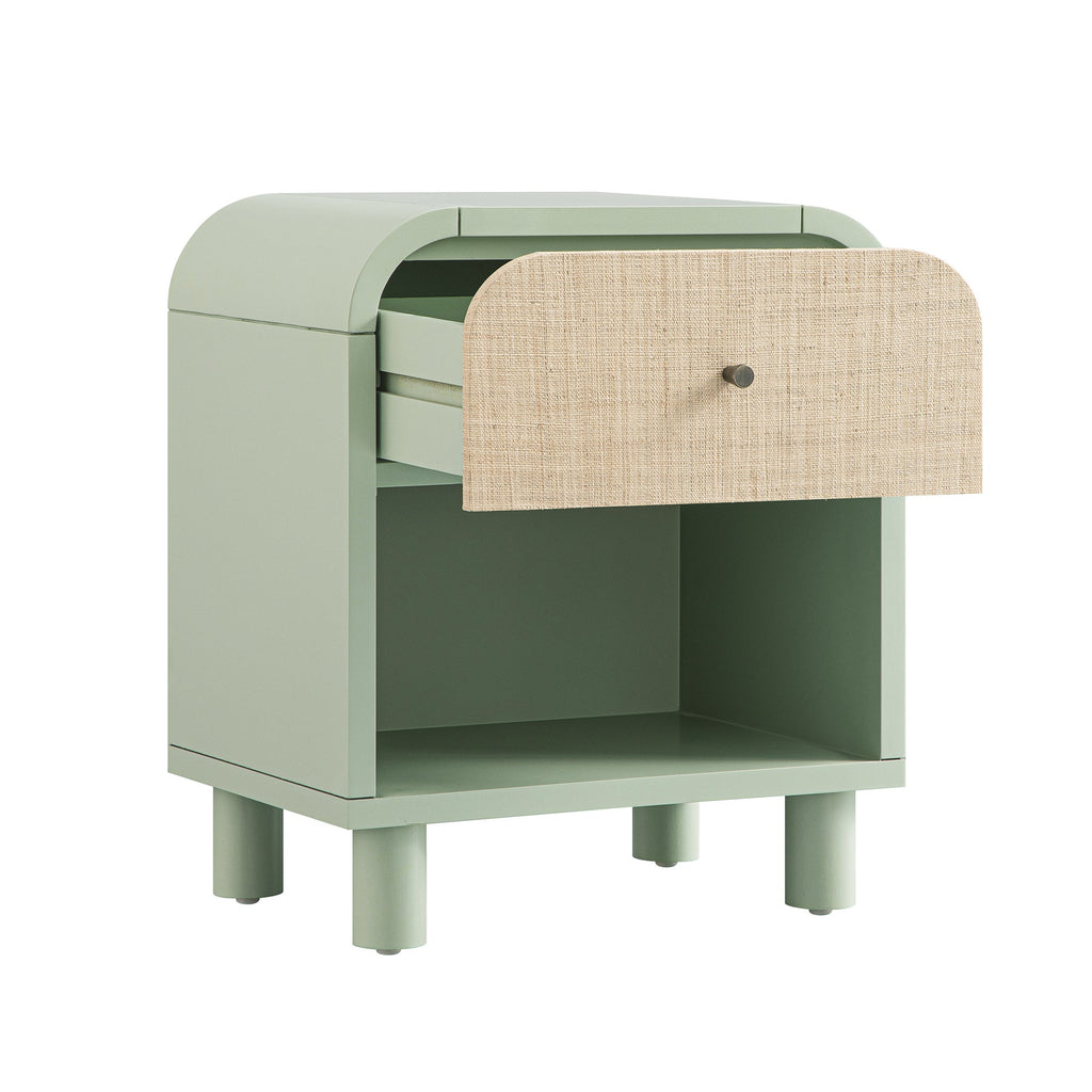 Maude 1 Drawer Bedside Table, Muted Pistachio Ash with Raffia