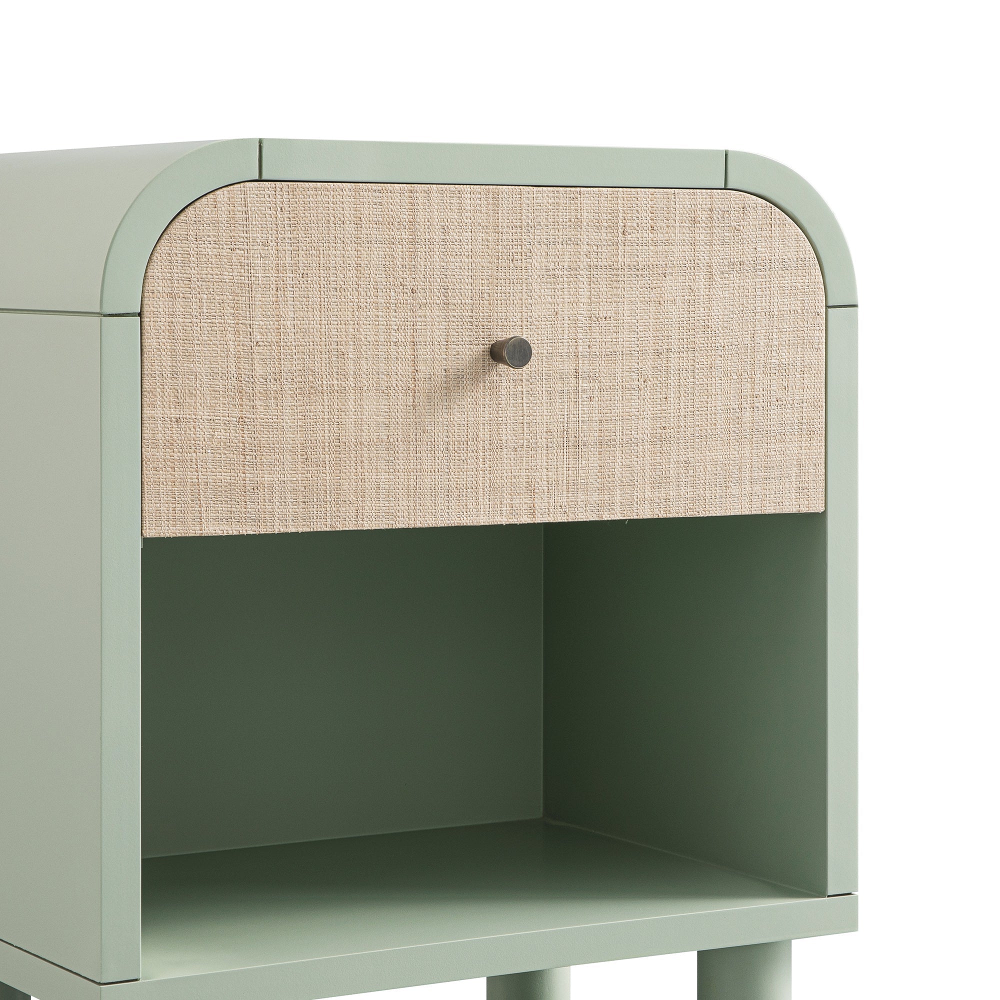 Maude 1 Drawer Bedside Table, Muted Pistachio Ash with Raffia