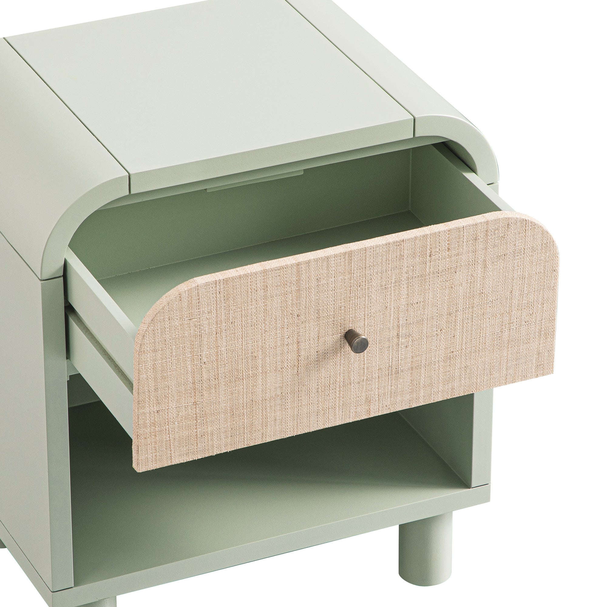 Maude 1 Drawer Bedside Table, Muted Pistachio Ash with Raffia