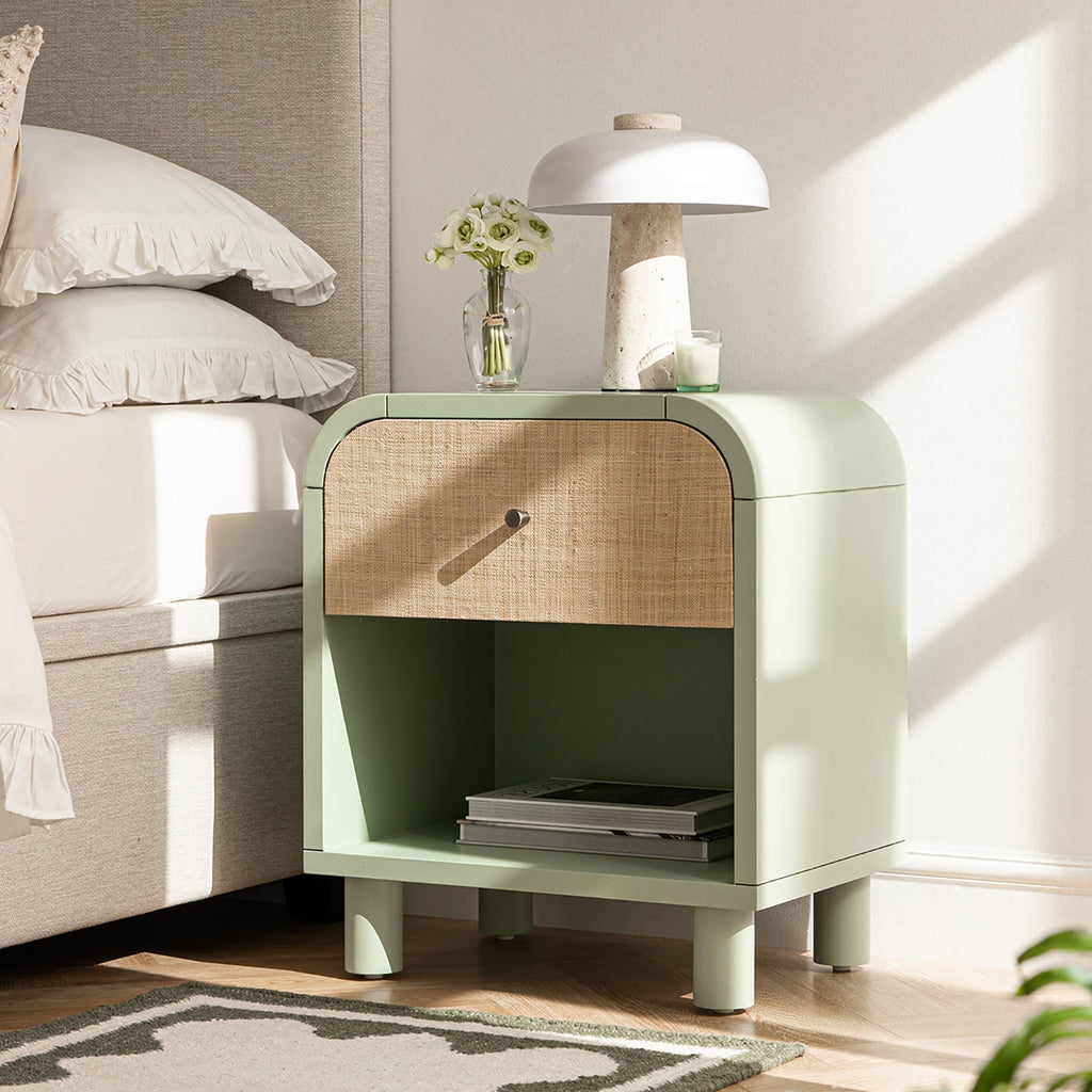 Maude 1 Drawer Bedside Table, Muted Pistachio Ash with Raffia